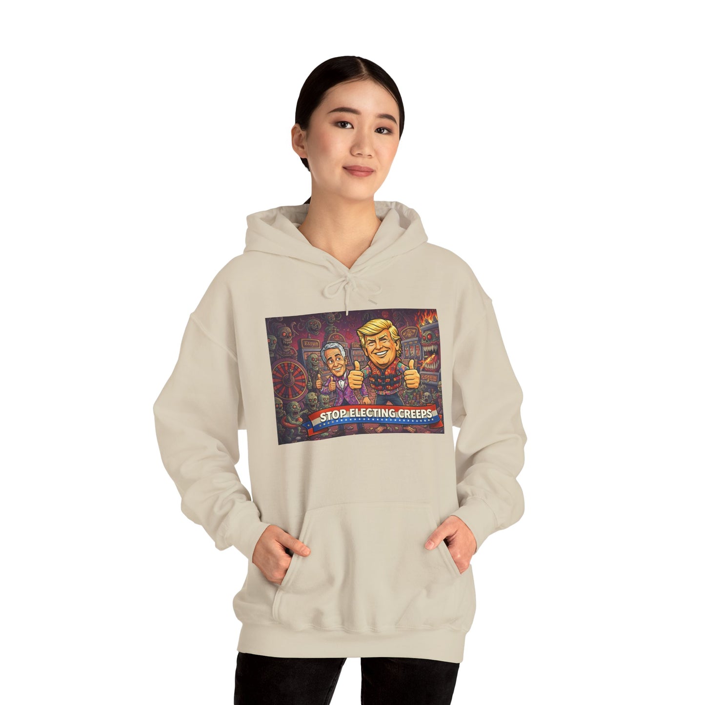 Political Satire Hoodie — "Stop Electing Creeps" Graphic Pullover