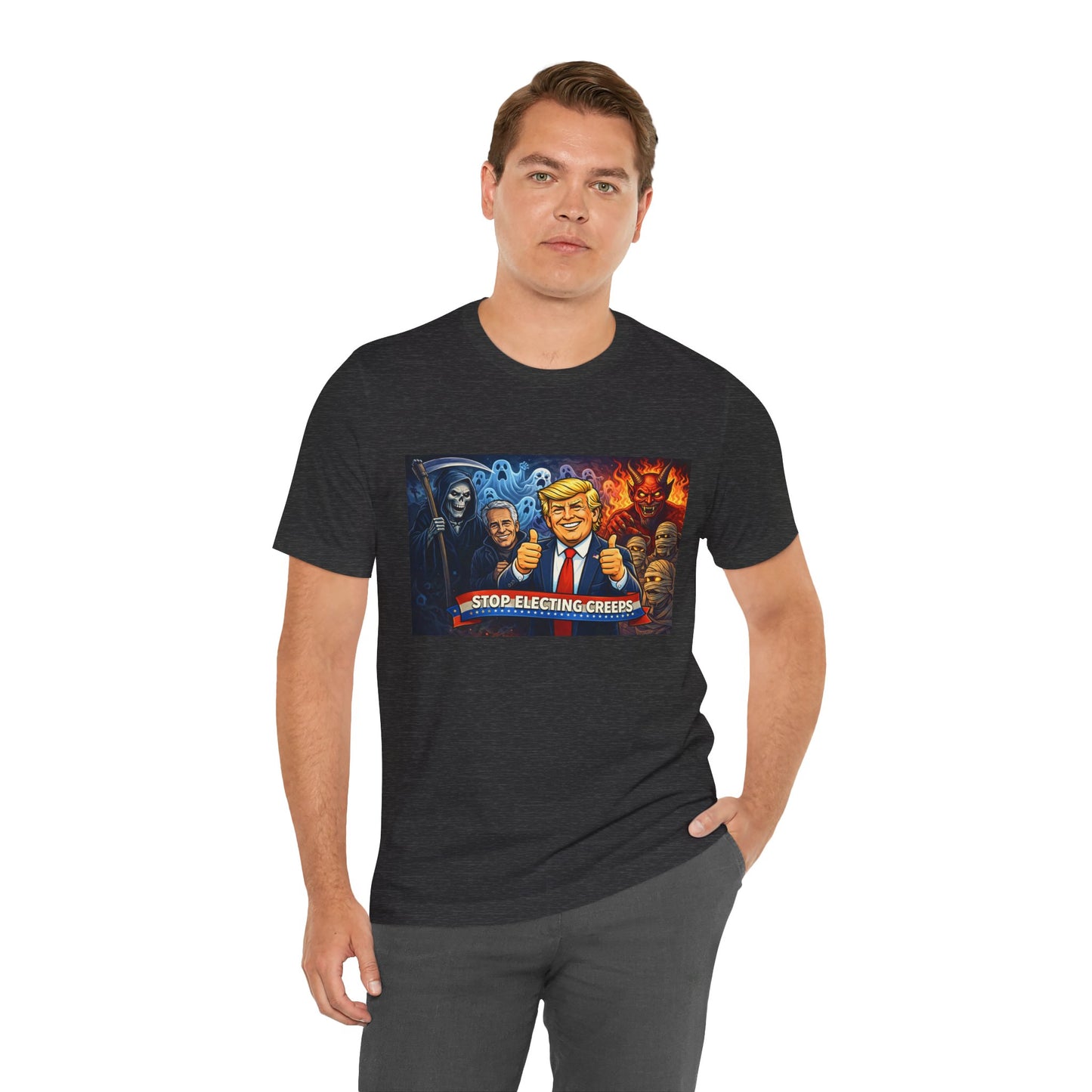 Political Satire Tee — "Stop Electing Creeps" Trump & Monsters Graphic Shirt
