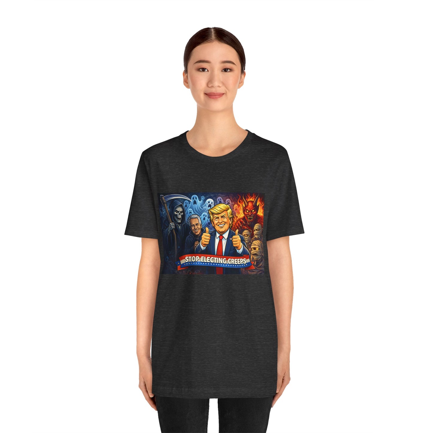 Political Satire Tee — "Stop Electing Creeps" Trump & Monsters Graphic Shirt