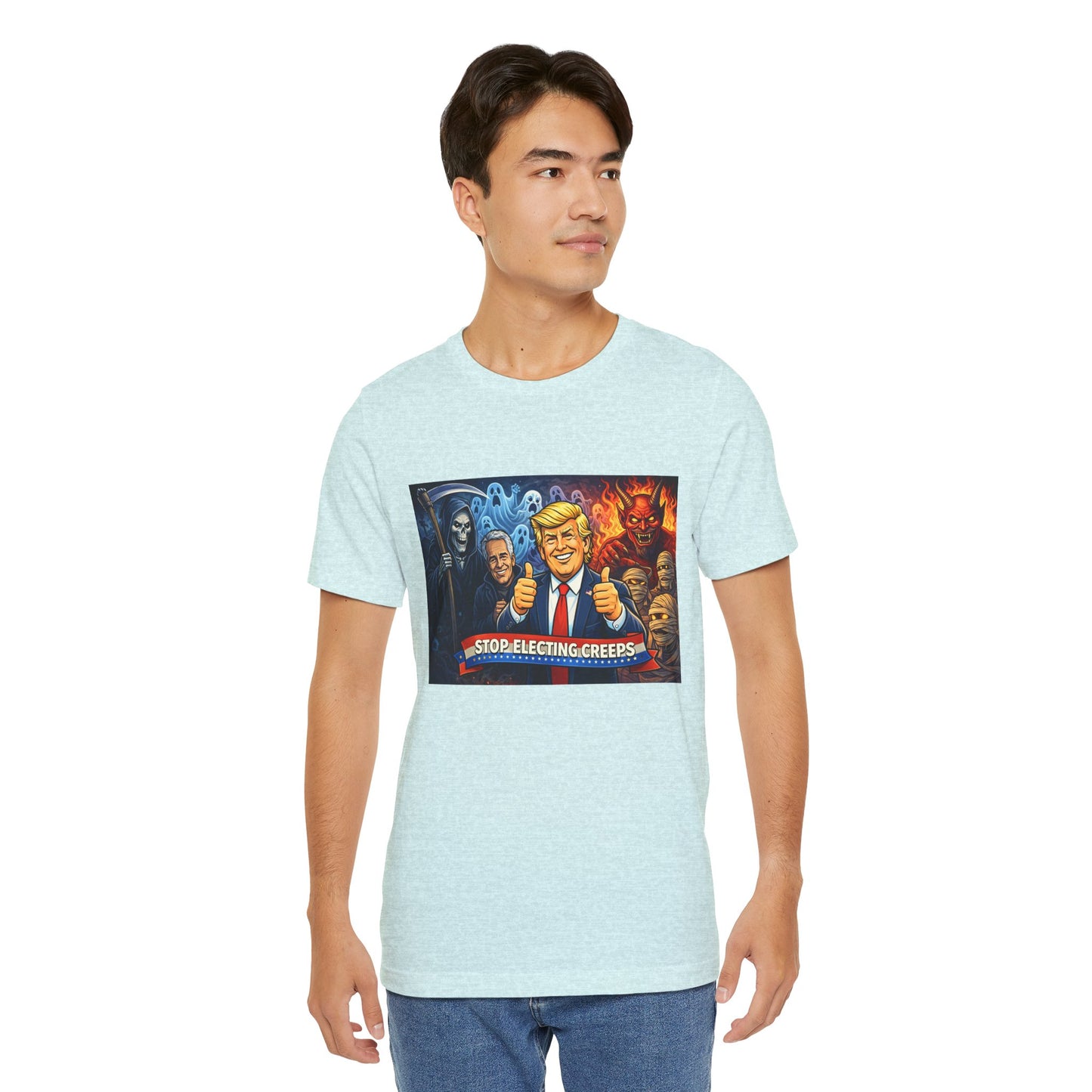 Political Satire Tee — "Stop Electing Creeps" Trump & Monsters Graphic Shirt