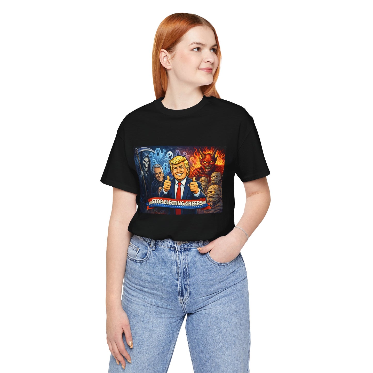 Political Satire Tee — "Stop Electing Creeps" Trump & Monsters Graphic Shirt