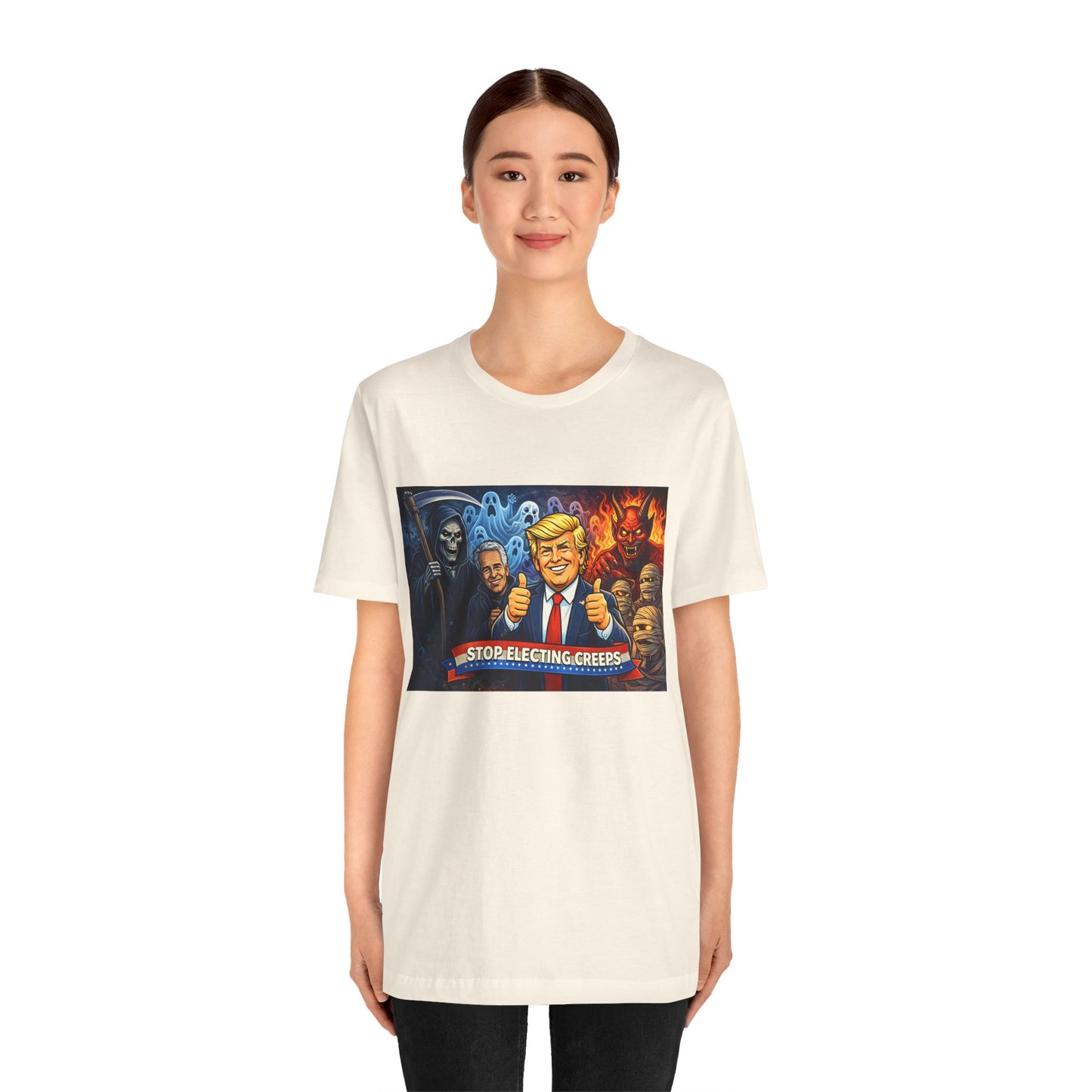 Political Satire Tee — "Stop Electing Creeps" Trump & Monsters Graphic Shirt