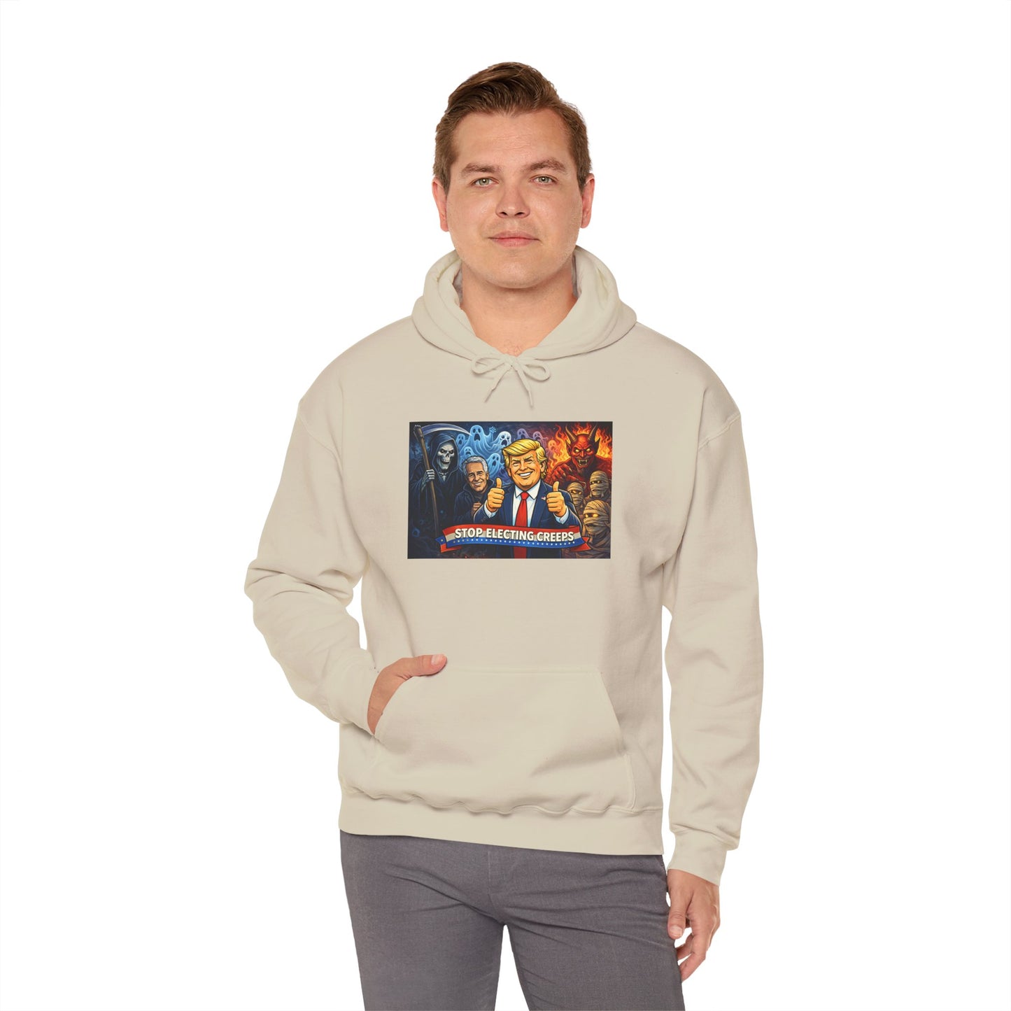 Political Caricature Hoodie — Bold Retro Satire Graphic Sweatshirt