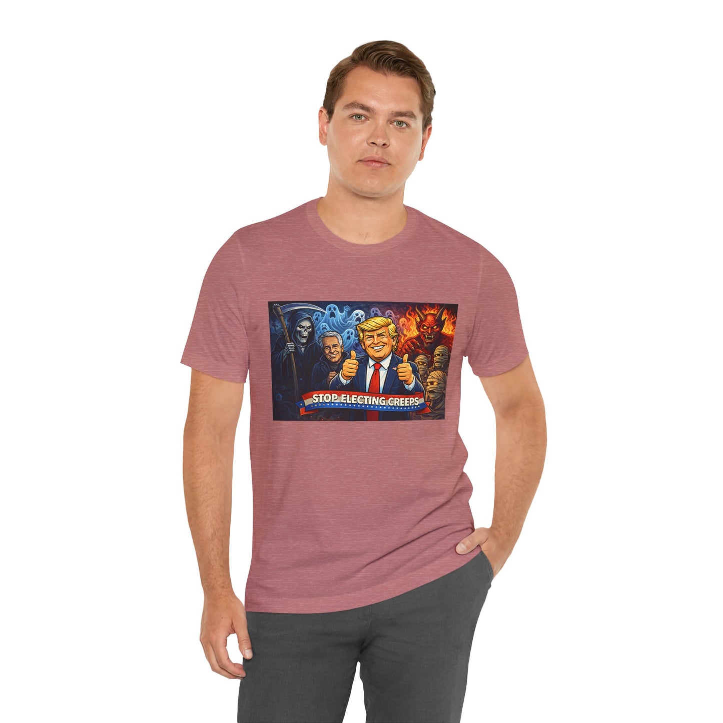 Political Satire Tee — "Stop Electing Creeps" Trump & Monsters Graphic Shirt