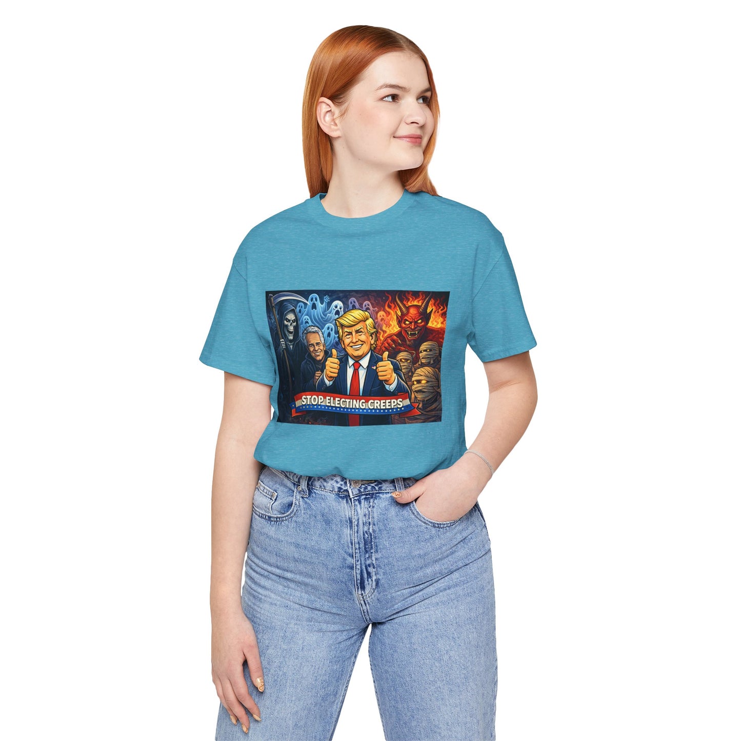Political Satire Tee — "Stop Electing Creeps" Trump & Monsters Graphic Shirt