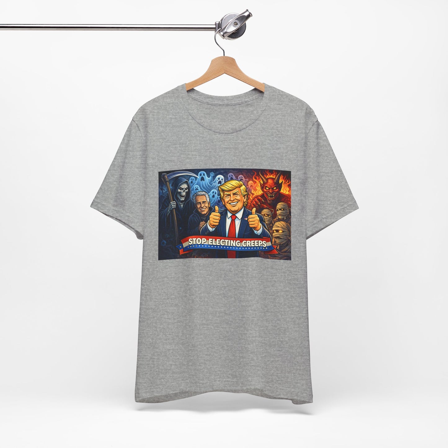 Political Satire Tee — "Stop Electing Creeps" Trump & Monsters Graphic Shirt