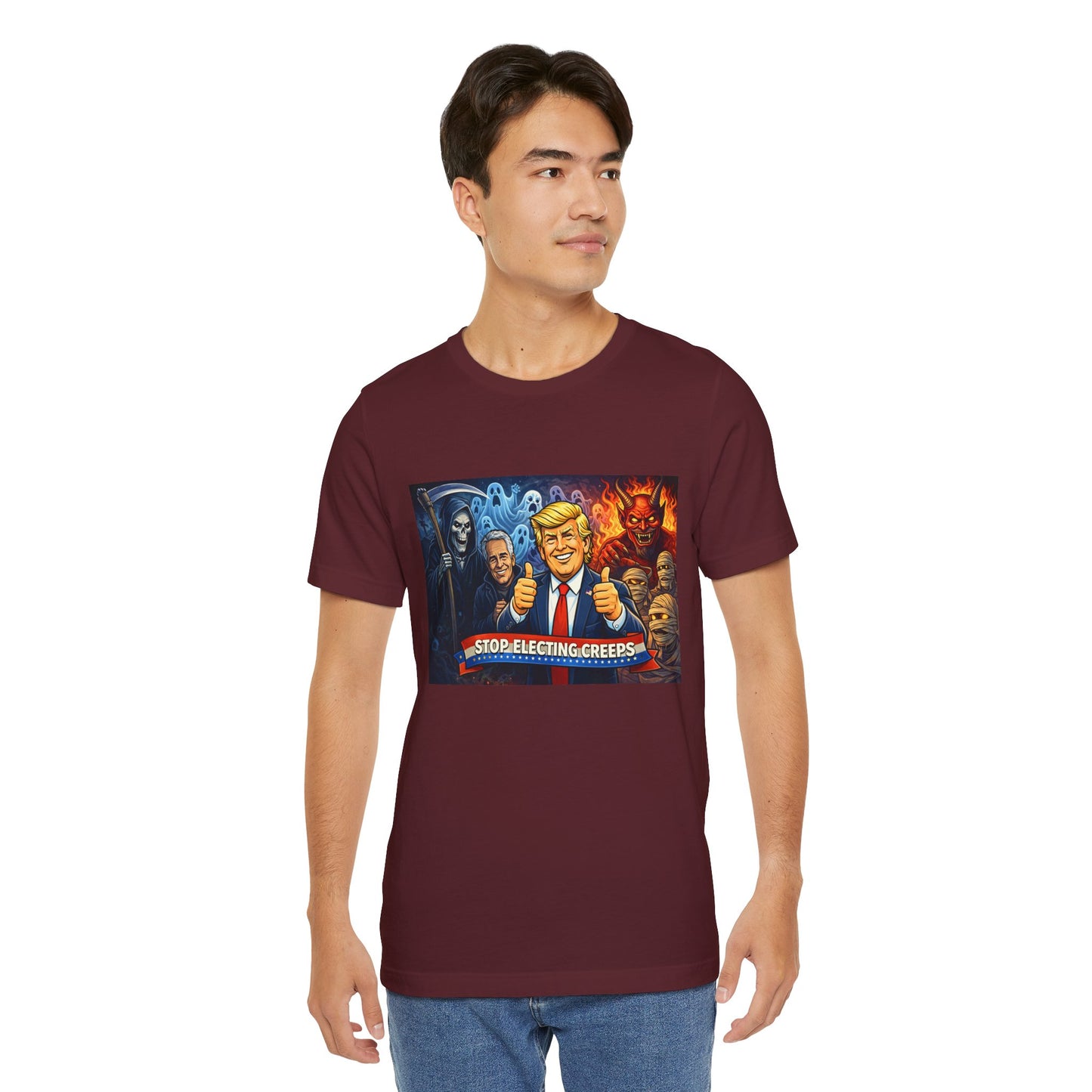 Political Satire Tee — "Stop Electing Creeps" Trump & Monsters Graphic Shirt