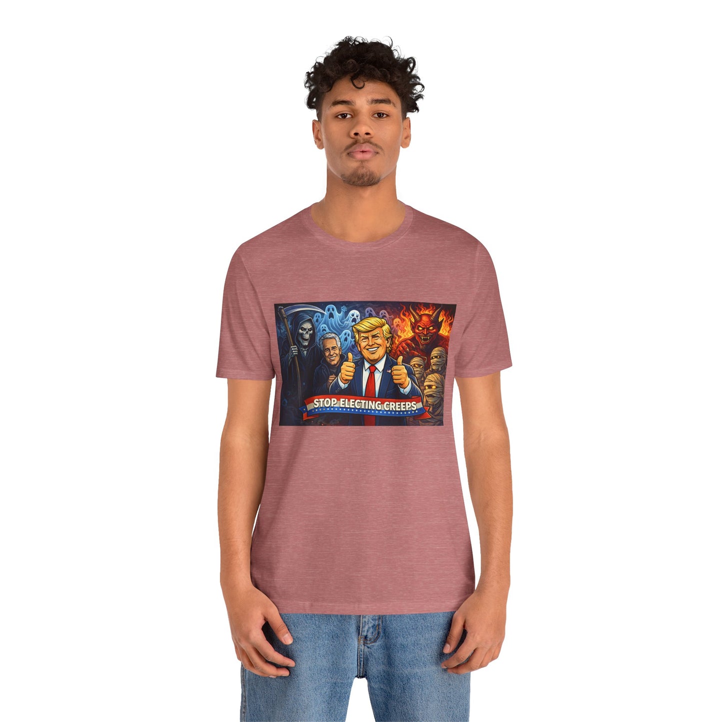 Political Satire Tee — "Stop Electing Creeps" Trump & Monsters Graphic Shirt