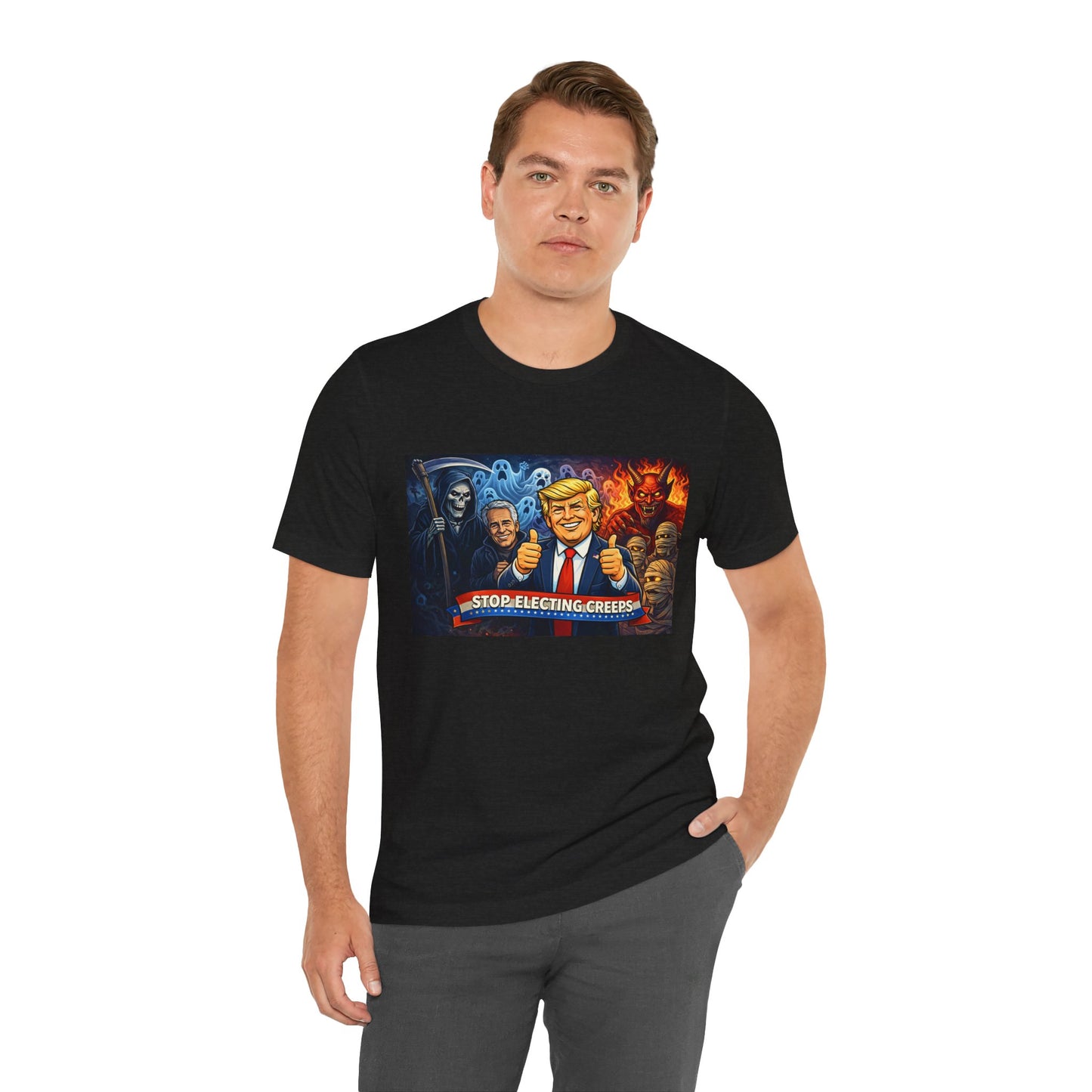 Political Satire Tee — "Stop Electing Creeps" Trump & Monsters Graphic Shirt