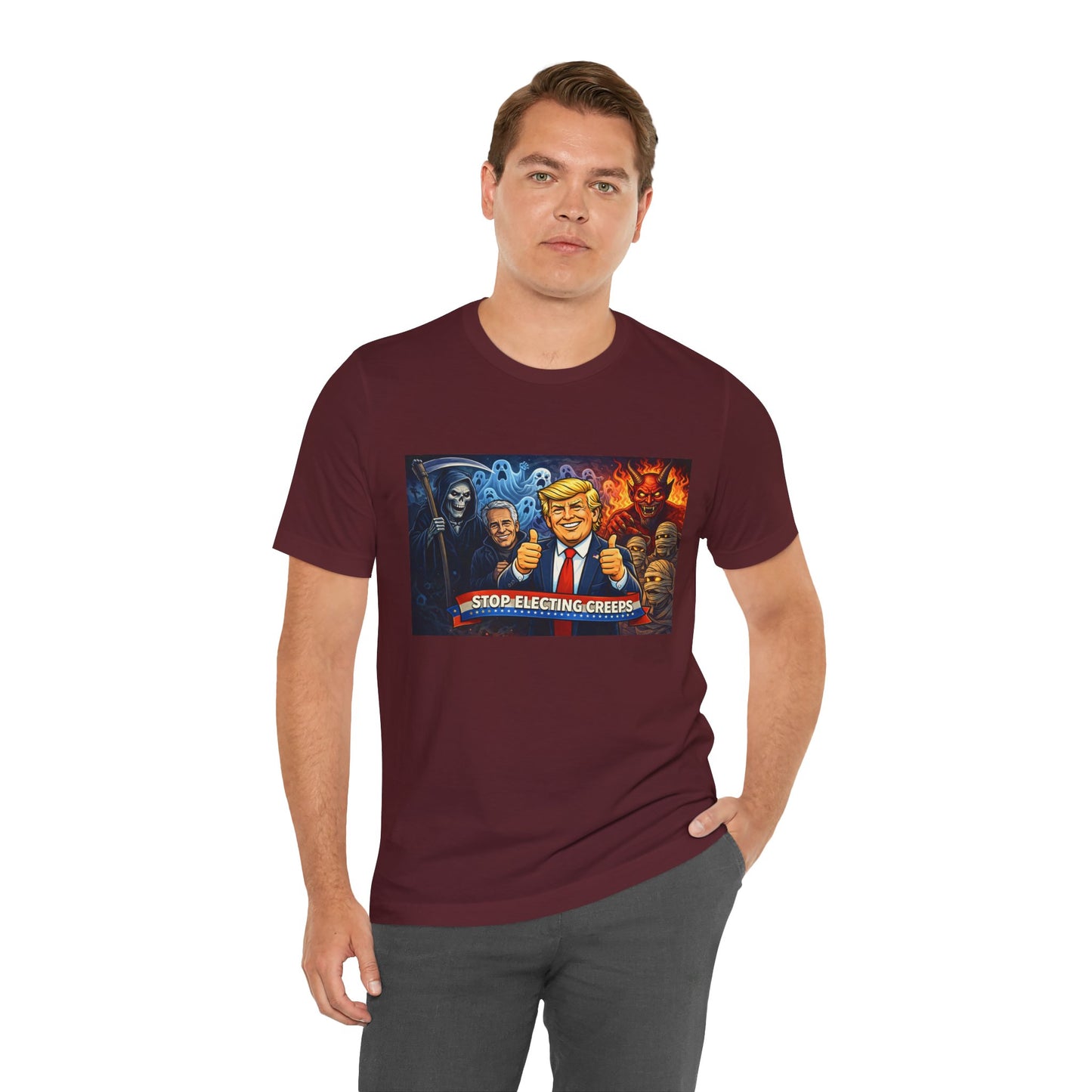 Political Satire Tee — "Stop Electing Creeps" Trump & Monsters Graphic Shirt