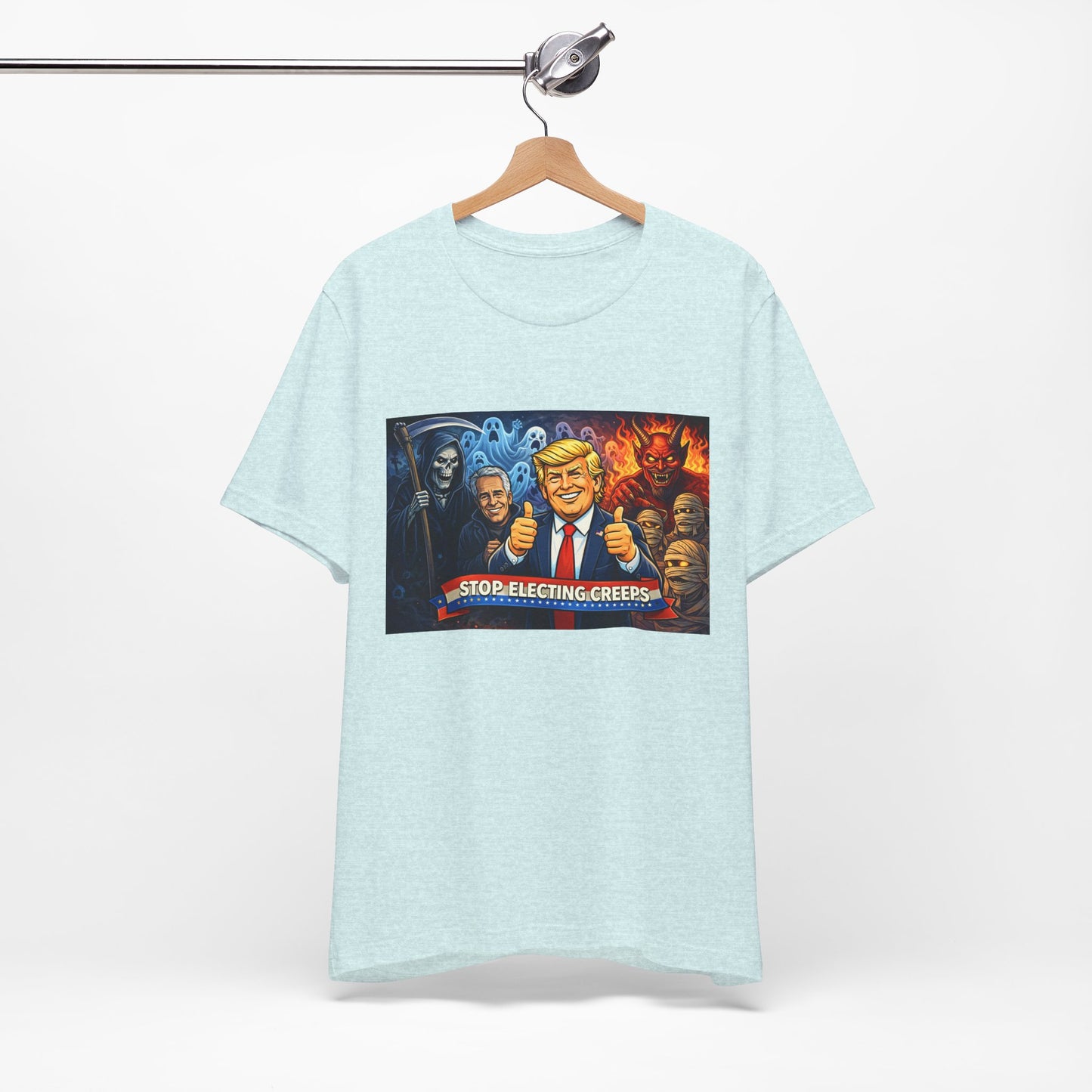 Political Satire Tee — "Stop Electing Creeps" Trump & Monsters Graphic Shirt