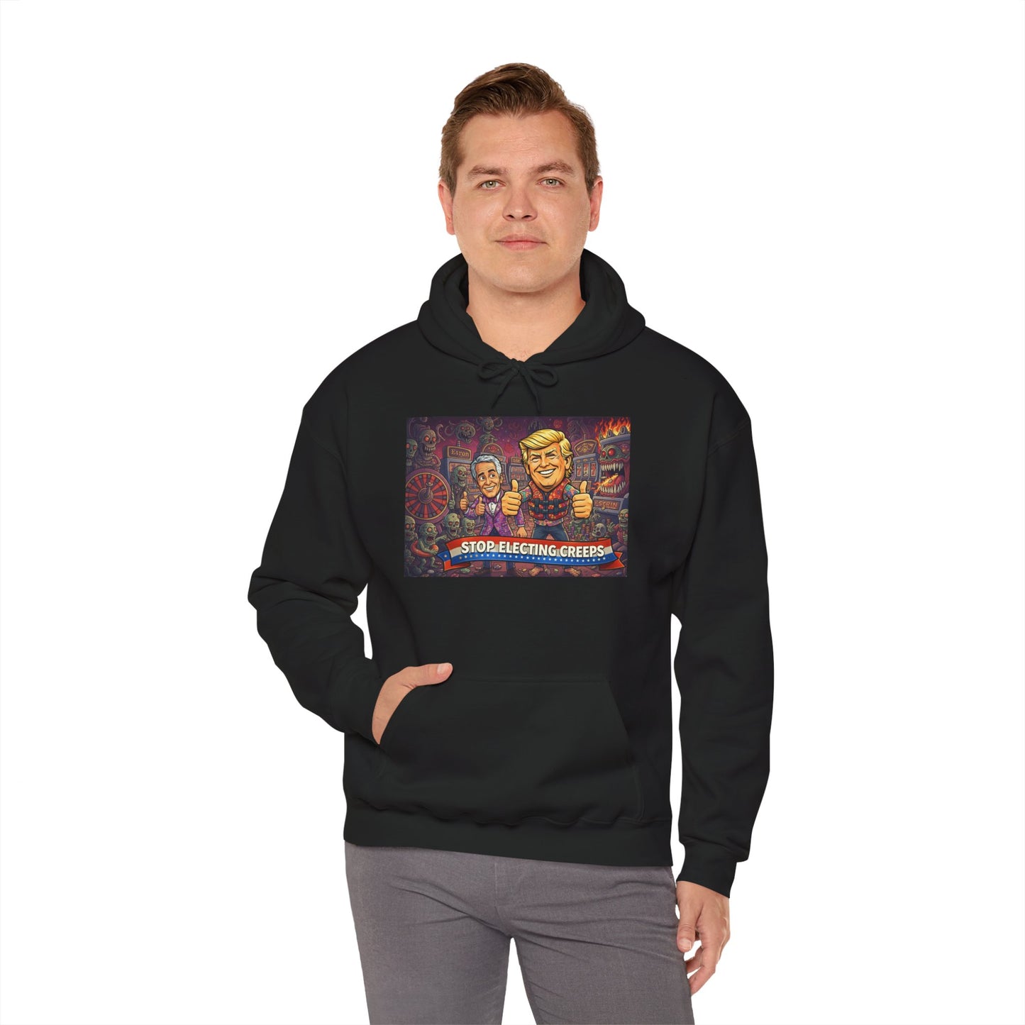 Political Satire Hoodie — "Stop Electing Creeps" Graphic Pullover