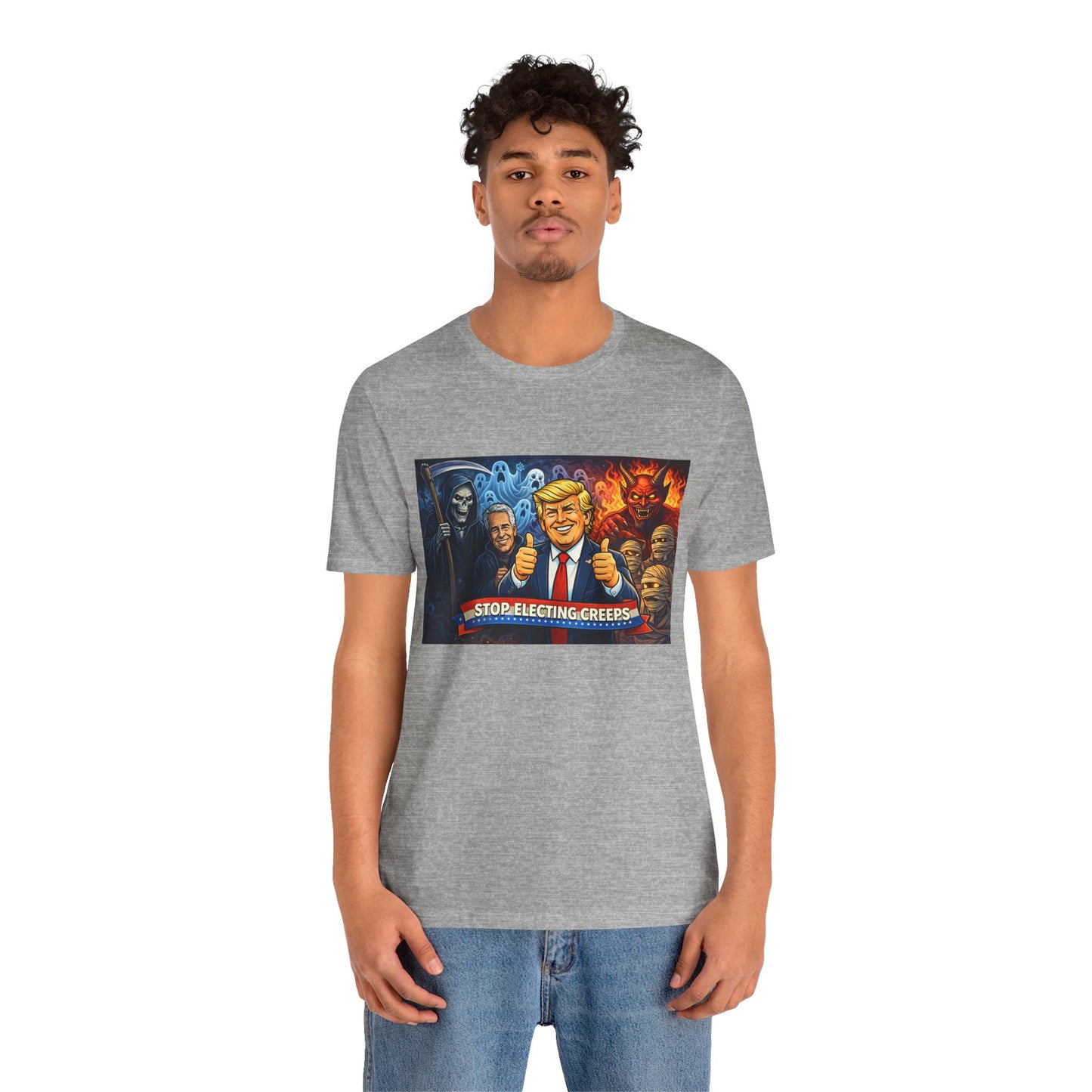 Political Satire Tee — "Stop Electing Creeps" Trump & Monsters Graphic Shirt