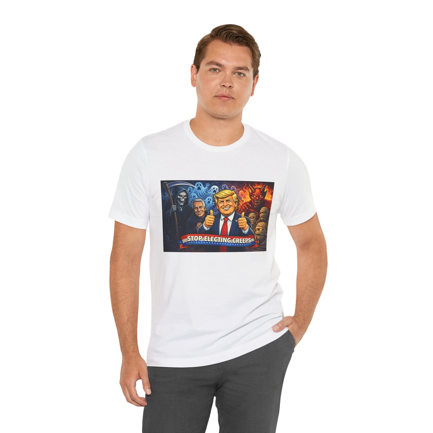 Political Satire Tee — "Stop Electing Creeps" Trump & Monsters Graphic Shirt