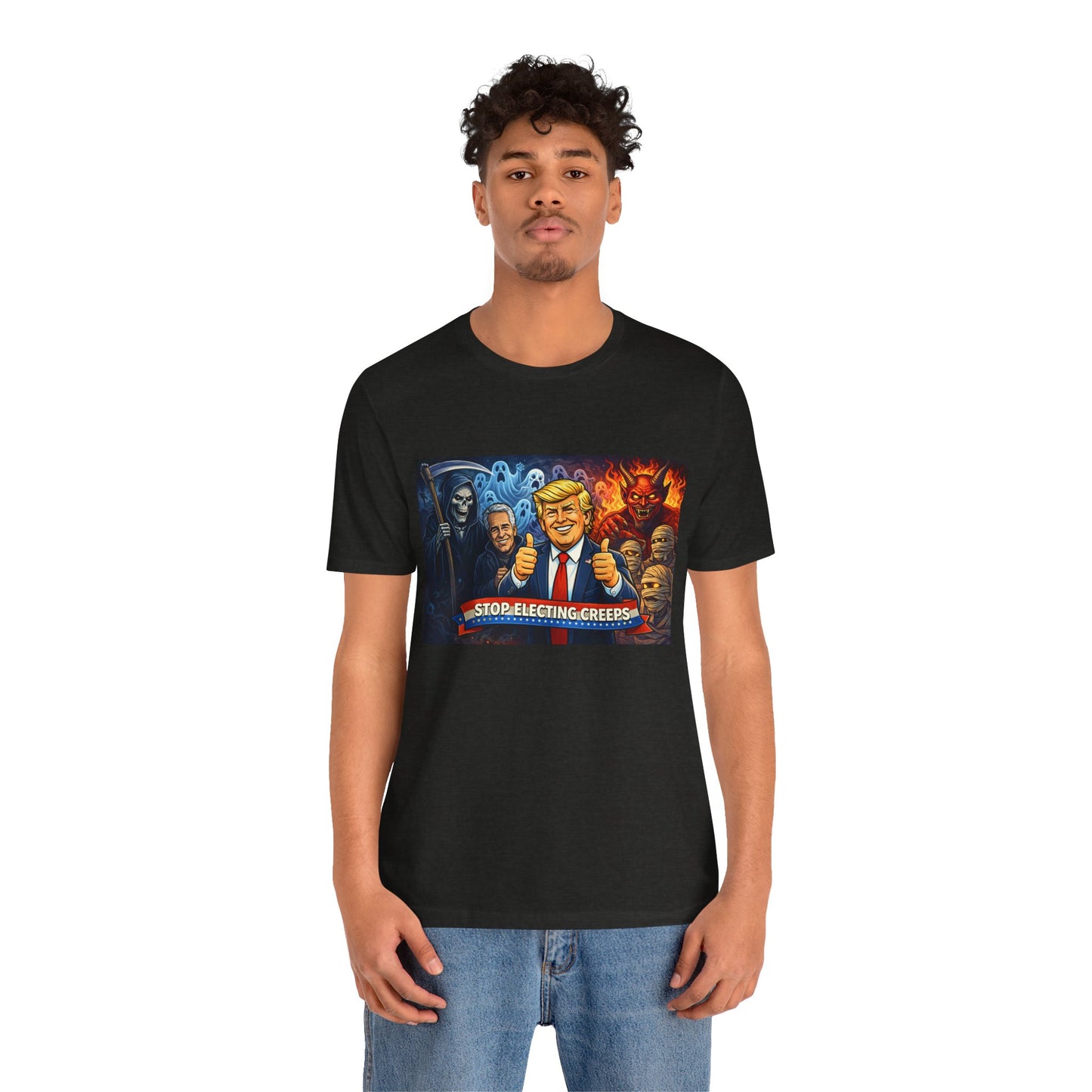 Political Satire Tee — "Stop Electing Creeps" Trump & Monsters Graphic Shirt
