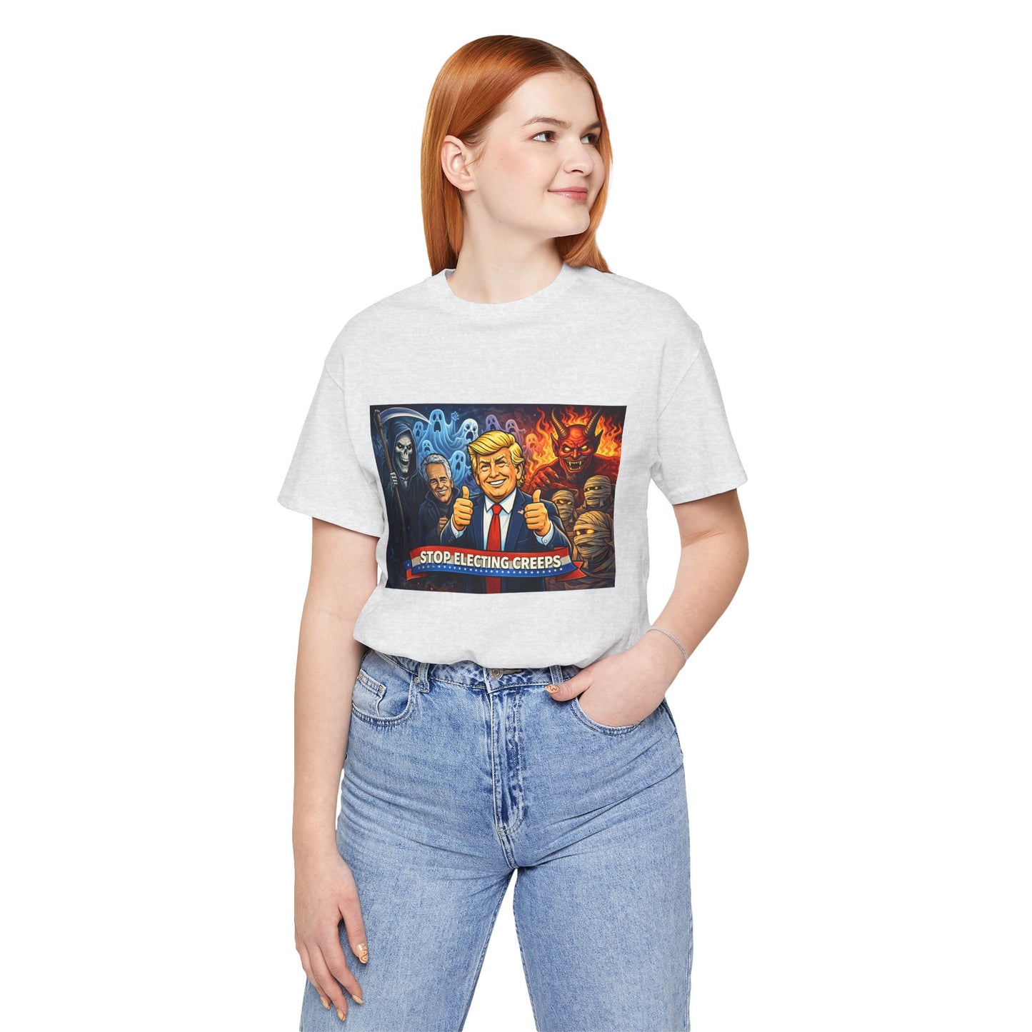 Political Satire Tee — "Stop Electing Creeps" Trump & Monsters Graphic Shirt