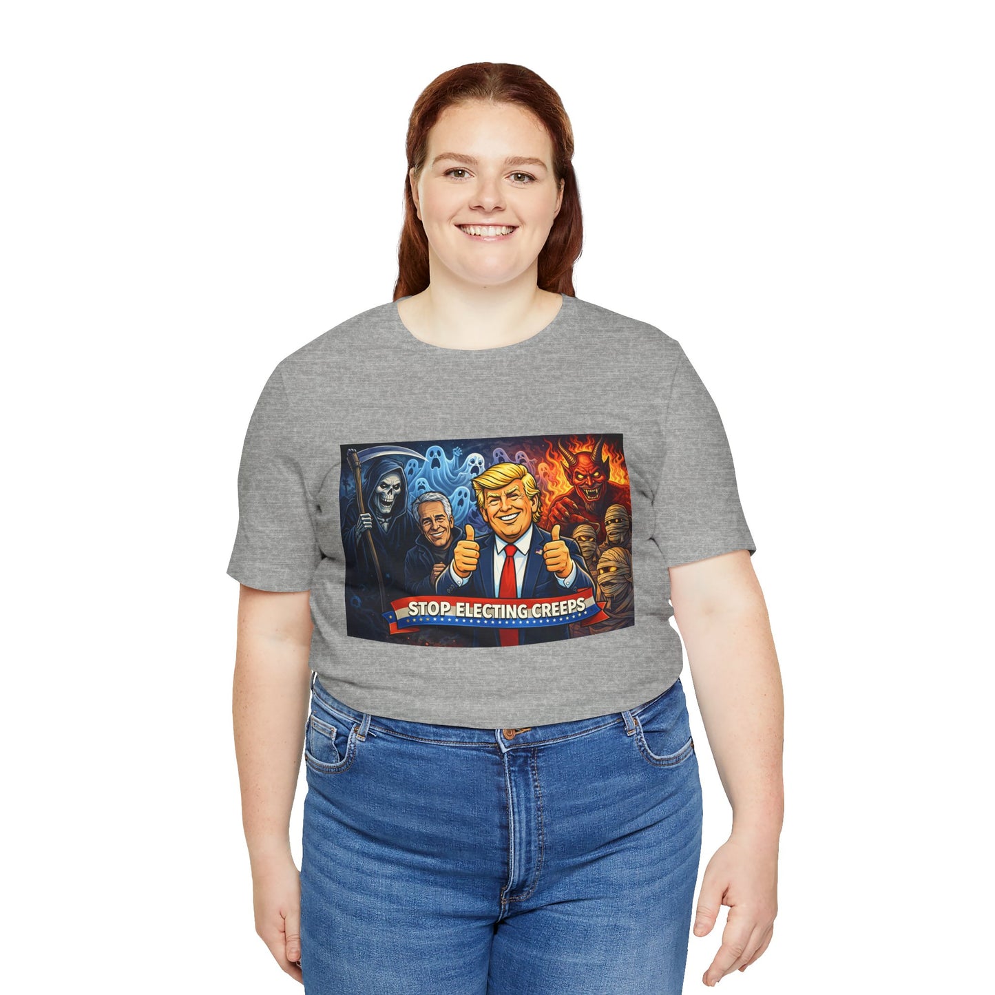 Political Satire Tee — "Stop Electing Creeps" Trump & Monsters Graphic Shirt