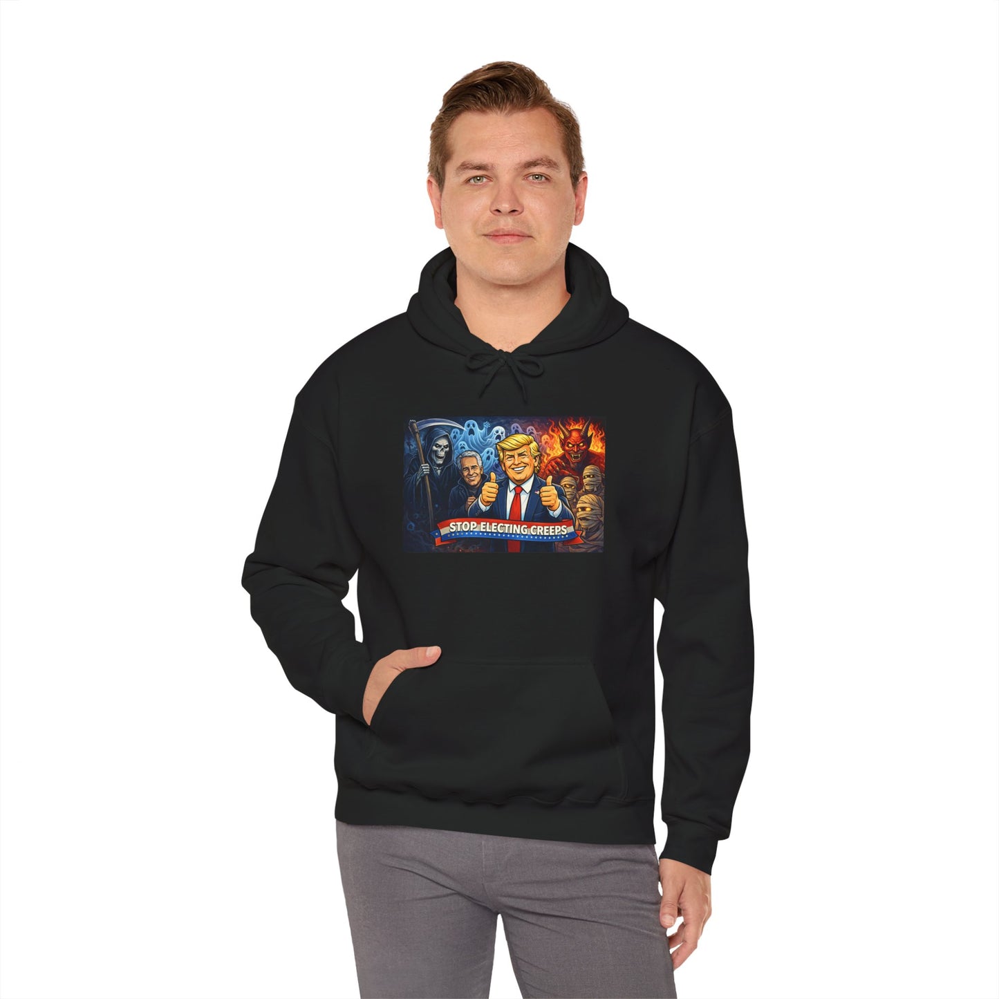 Political Caricature Hoodie — Bold Retro Satire Graphic Sweatshirt