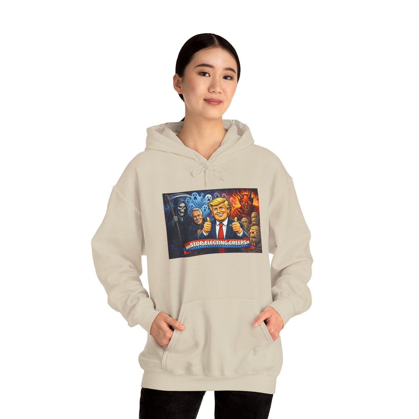 Political Caricature Hoodie — Bold Retro Satire Graphic Sweatshirt