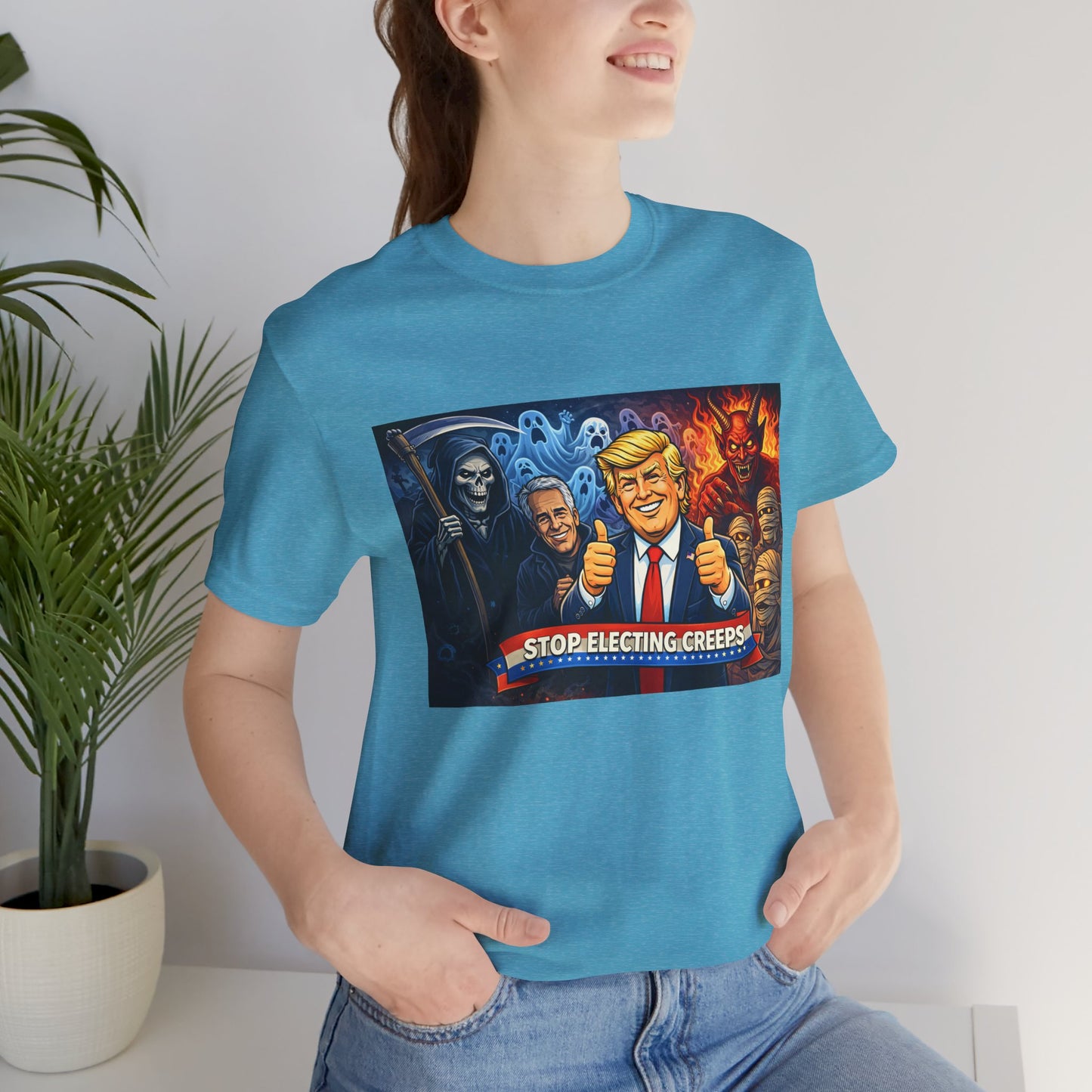 Political Satire Tee — "Stop Electing Creeps" Trump & Monsters Graphic Shirt