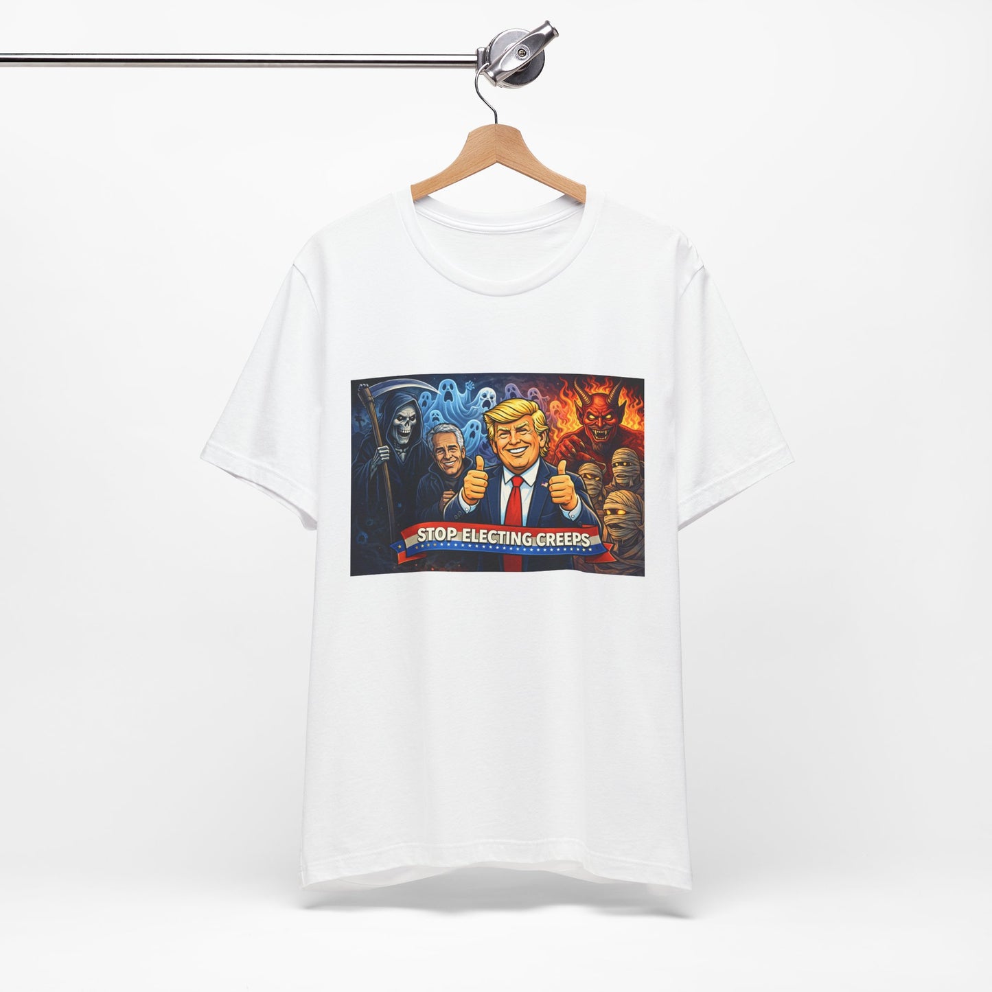 Political Satire Tee — "Stop Electing Creeps" Trump & Monsters Graphic Shirt