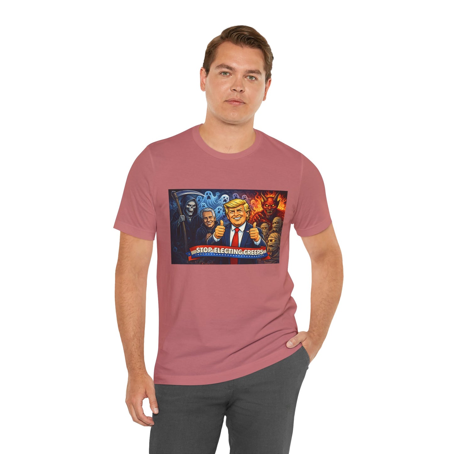 Political Satire Tee — "Stop Electing Creeps" Trump & Monsters Graphic Shirt