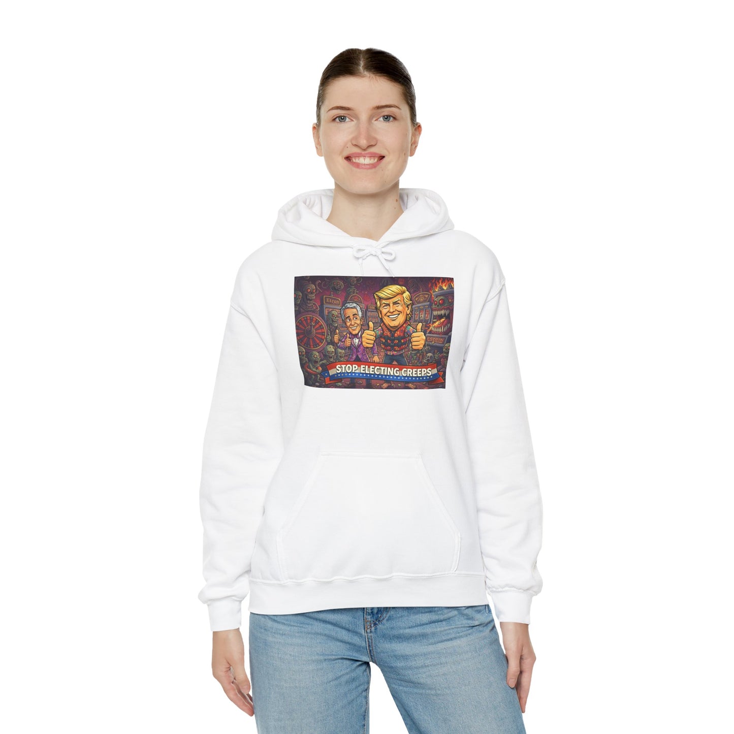 Political Satire Hoodie — "Stop Electing Creeps" Graphic Pullover