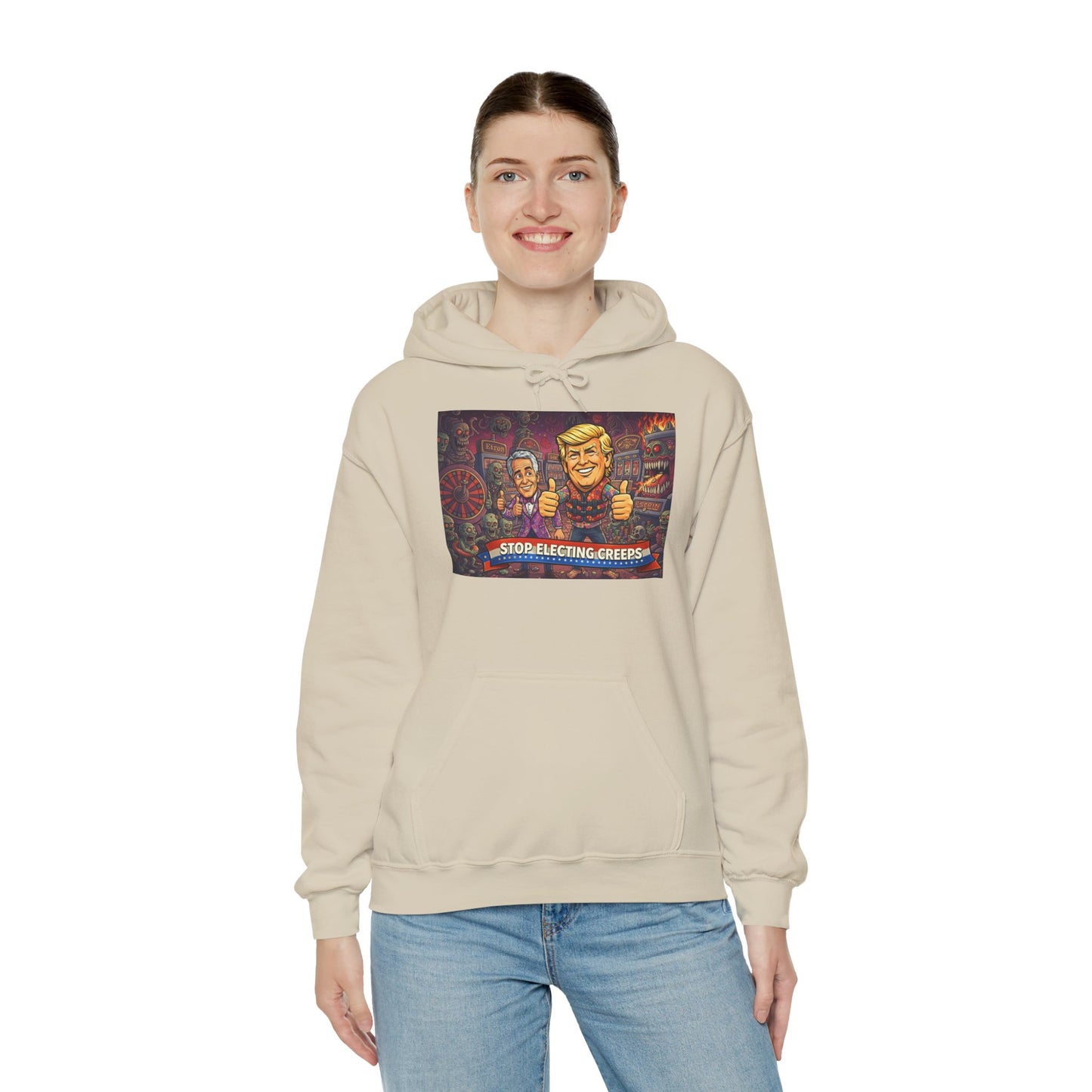 Political Satire Hoodie — "Stop Electing Creeps" Graphic Pullover
