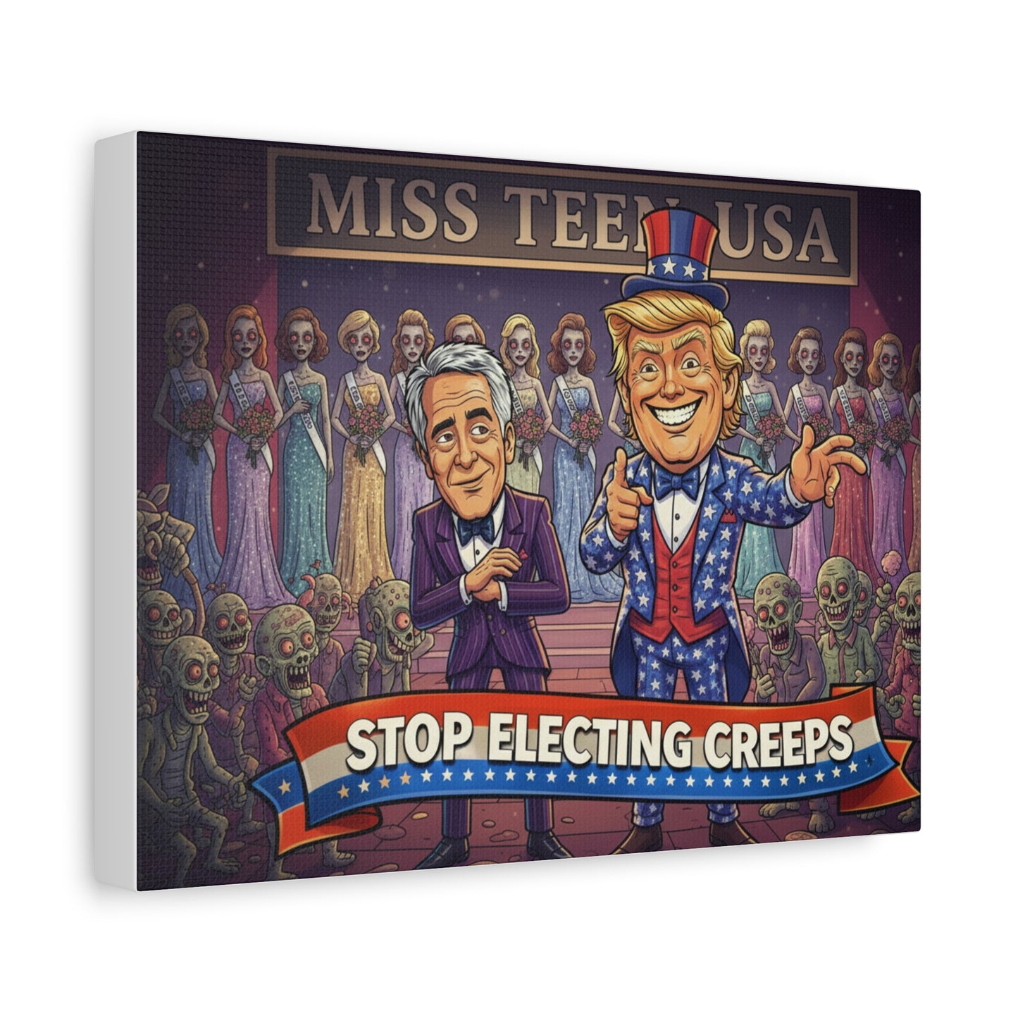 Stop Electing Creeps Canvas Wall Art — Political Satire Trump & Epstein Caricature