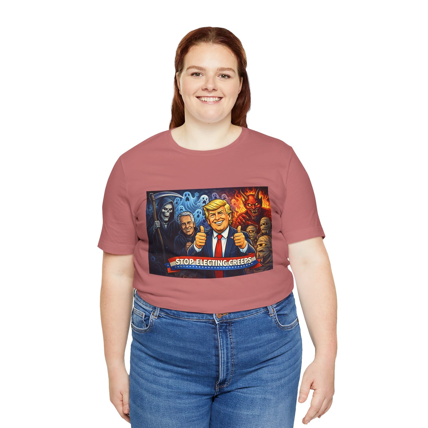 Political Satire Tee — "Stop Electing Creeps" Trump & Monsters Graphic Shirt