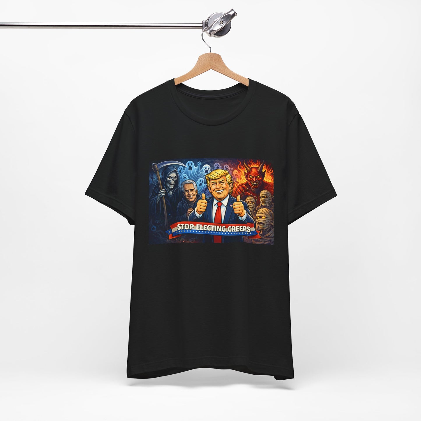 Political Satire Tee — "Stop Electing Creeps" Trump & Monsters Graphic Shirt