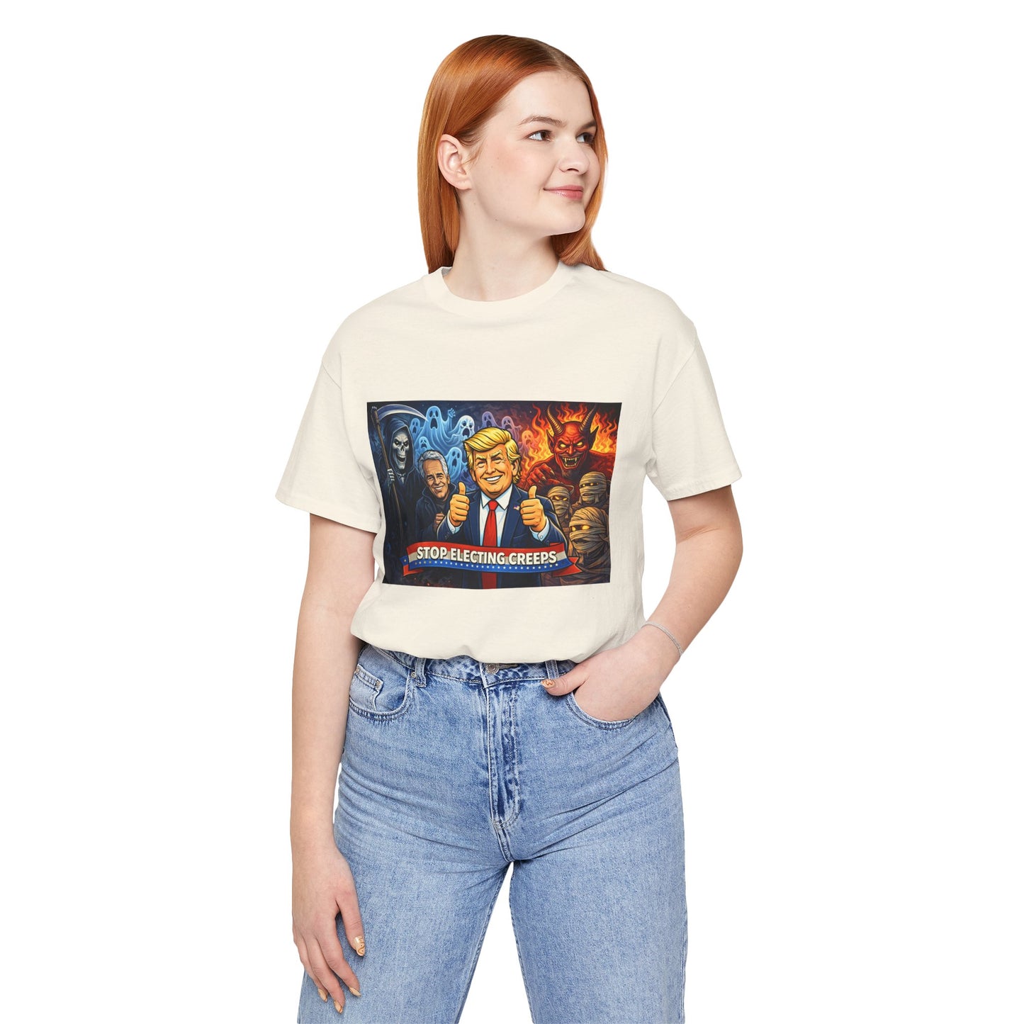 Political Satire Tee — "Stop Electing Creeps" Trump & Monsters Graphic Shirt