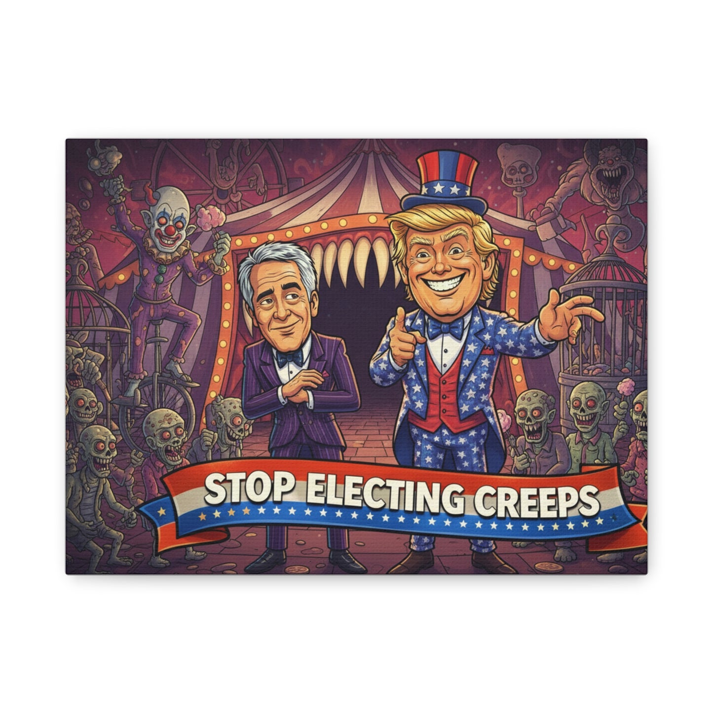 Stop Electing Creeps Canvas Wall Art — Political Satire Trump & Jeffrey Epstein Caricature