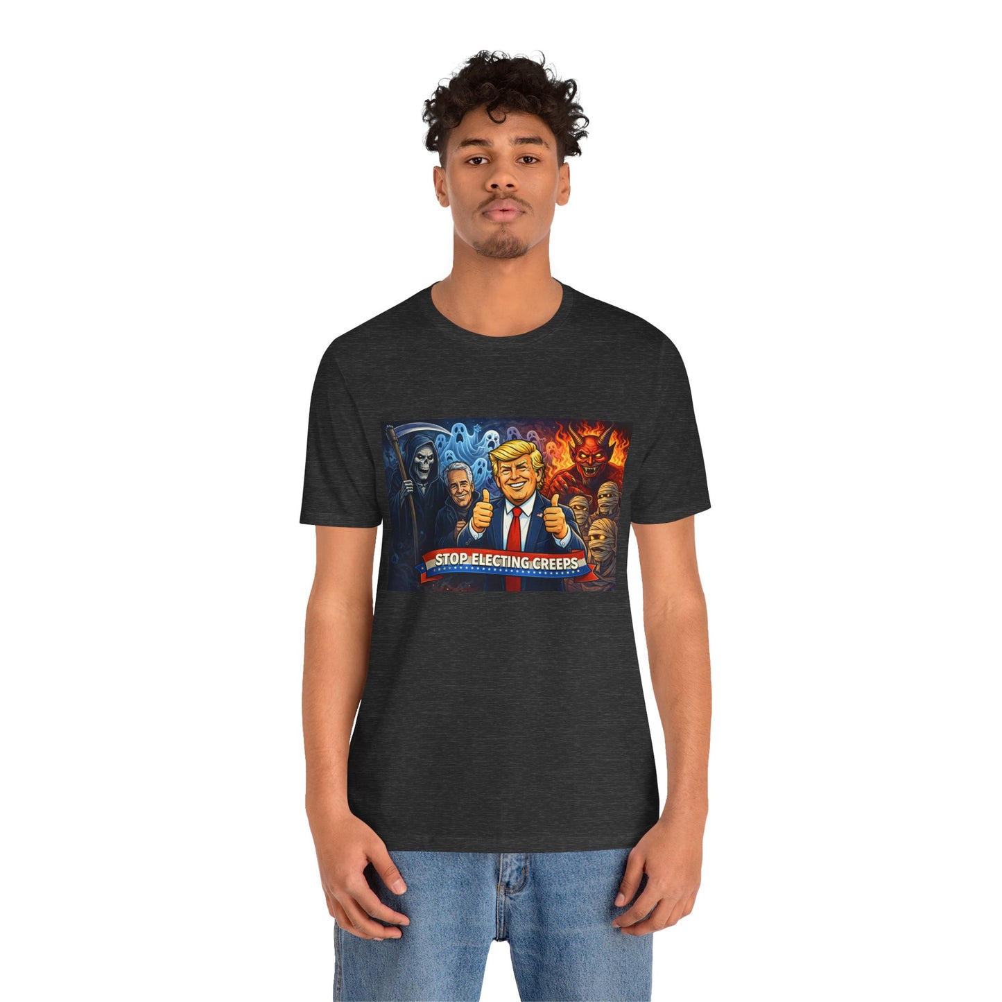 Political Satire Tee — "Stop Electing Creeps" Trump & Monsters Graphic Shirt