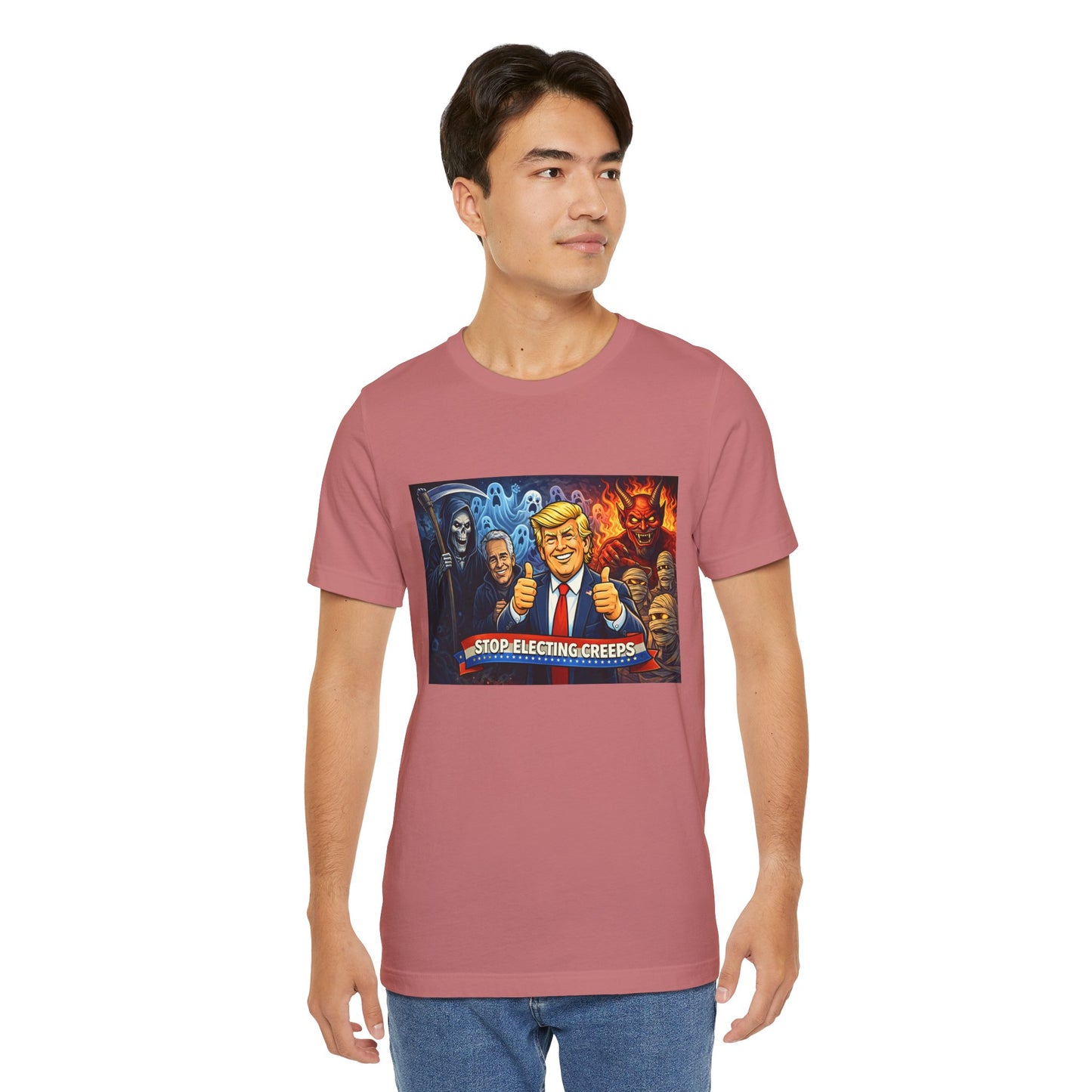 Political Satire Tee — "Stop Electing Creeps" Trump & Monsters Graphic Shirt