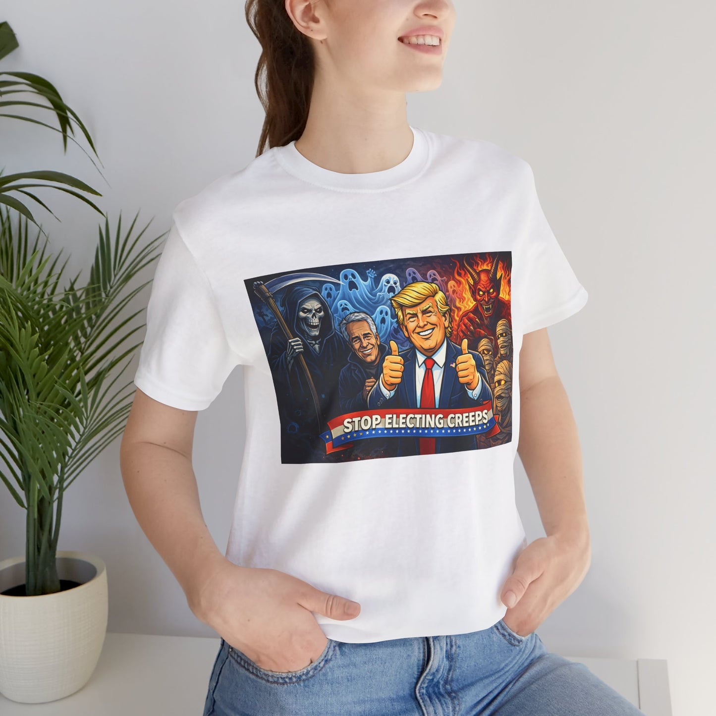 Political Satire Tee — "Stop Electing Creeps" Trump & Monsters Graphic Shirt