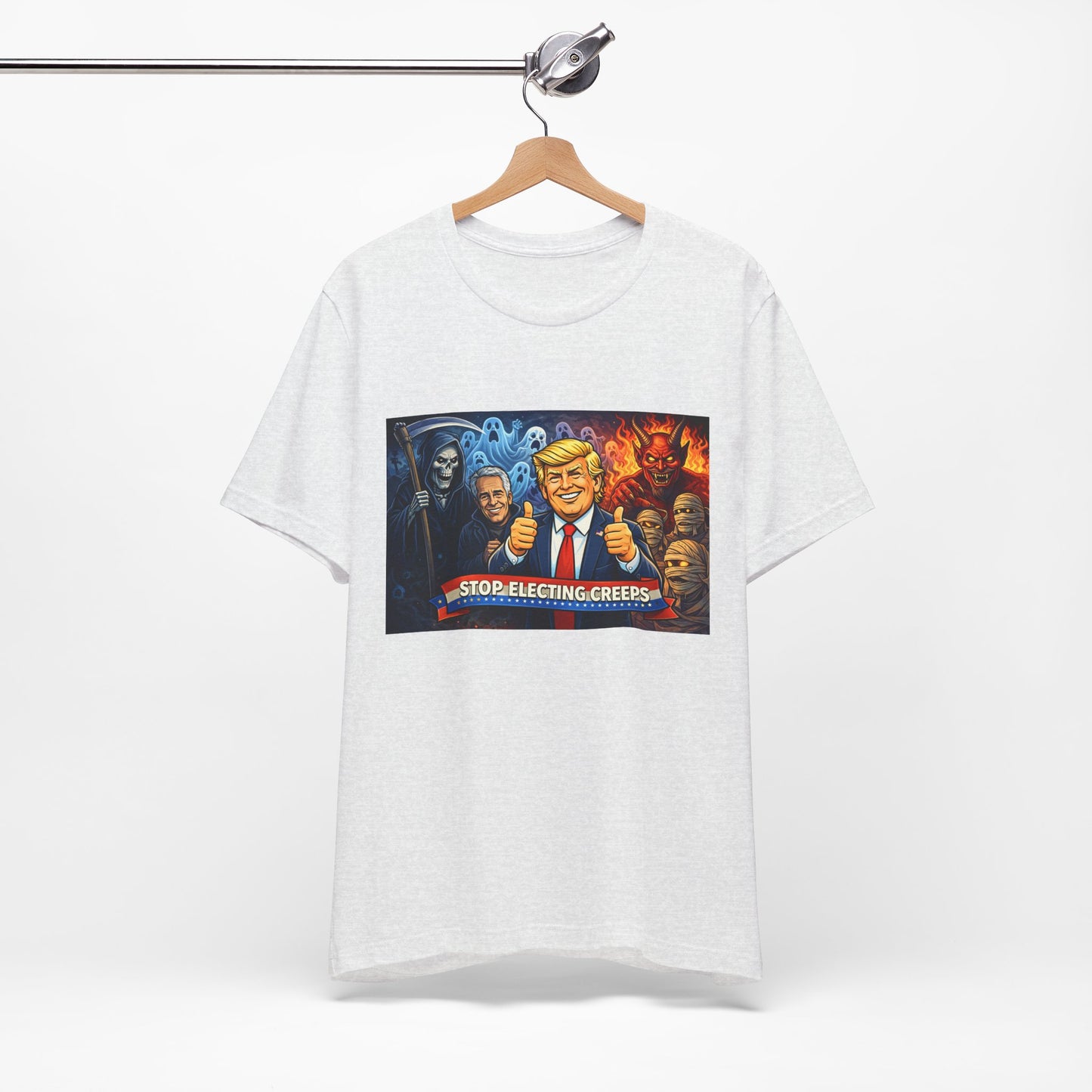Political Satire Tee — "Stop Electing Creeps" Trump & Monsters Graphic Shirt
