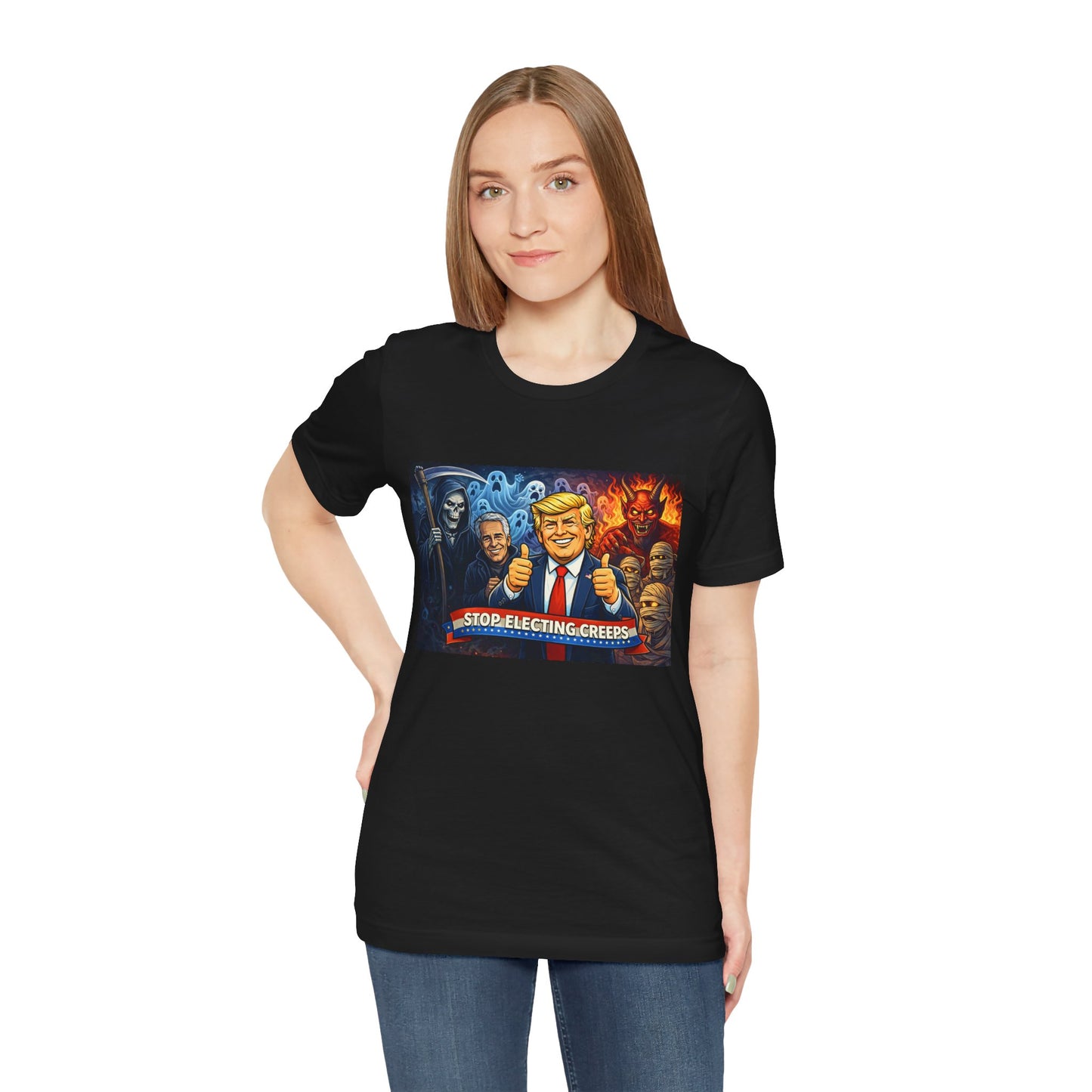 Political Satire Tee — "Stop Electing Creeps" Trump & Monsters Graphic Shirt