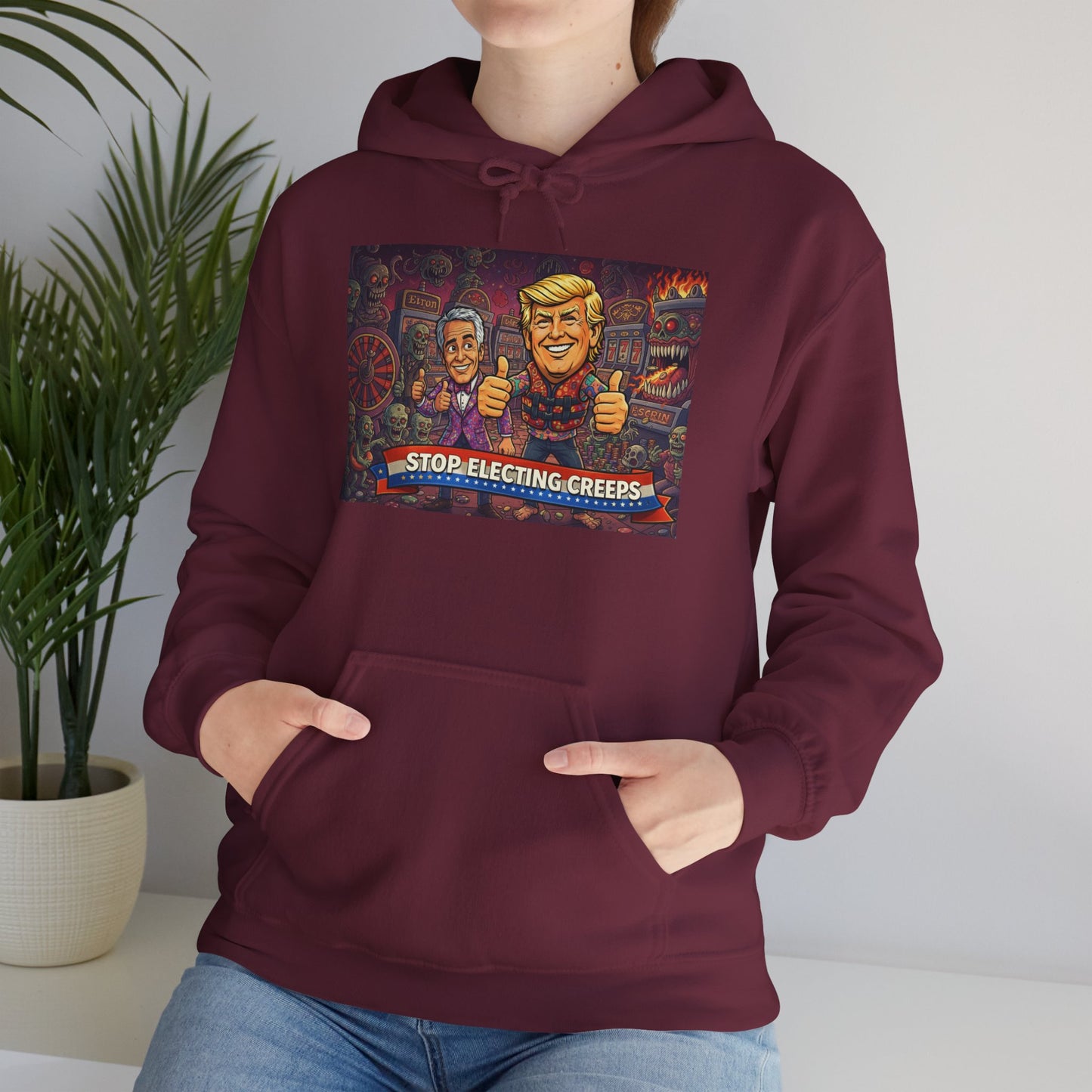 Political Satire Hoodie — "Stop Electing Creeps" Graphic Pullover