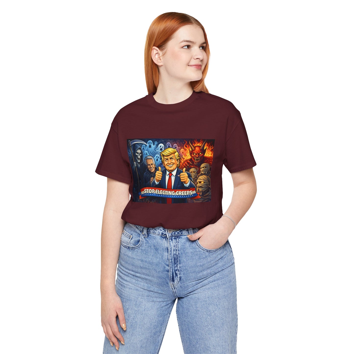 Political Satire Tee — "Stop Electing Creeps" Trump & Monsters Graphic Shirt
