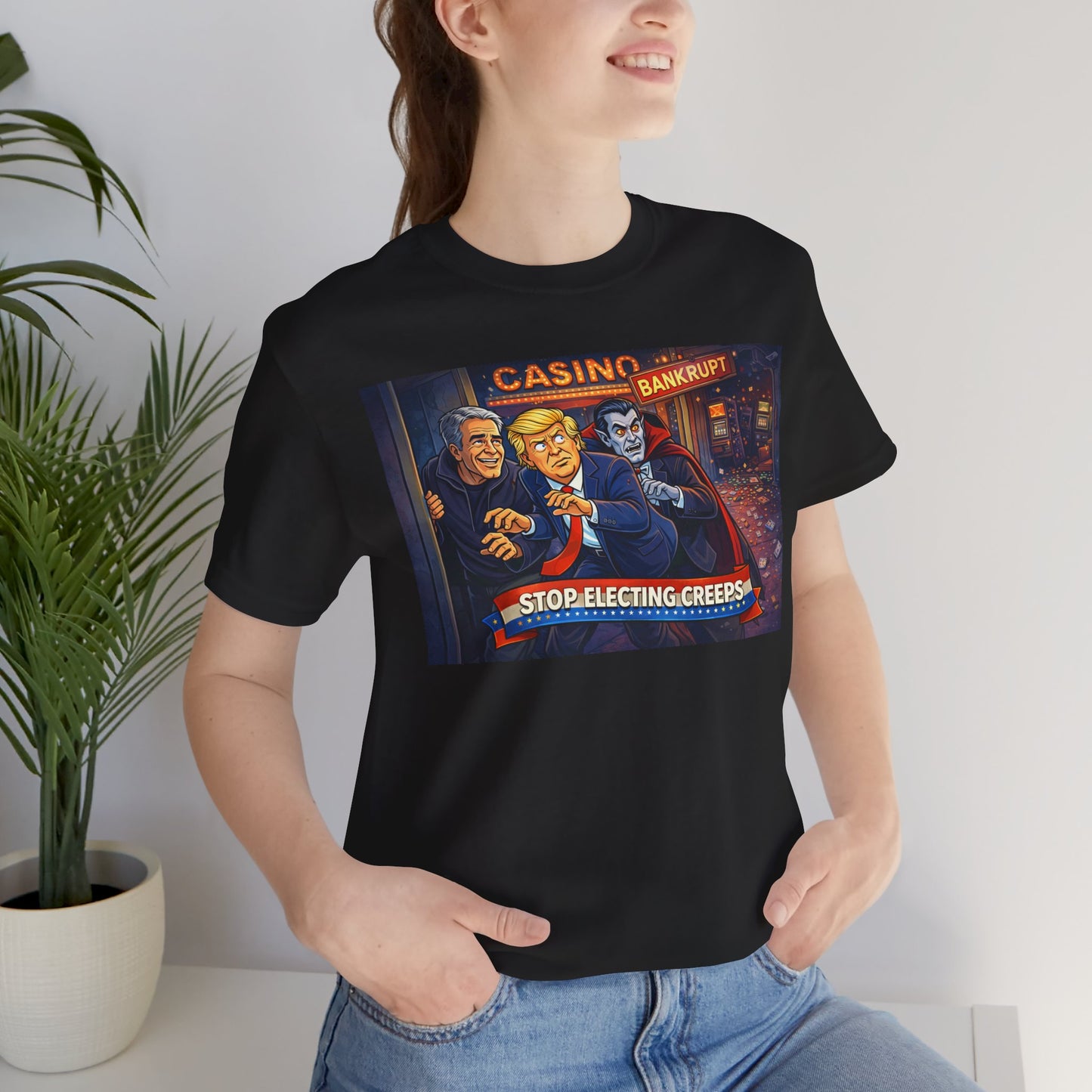 Casino Bankrupt Graphic Tee — "Stop Electing Creeps" Political Satire T‑Shirt