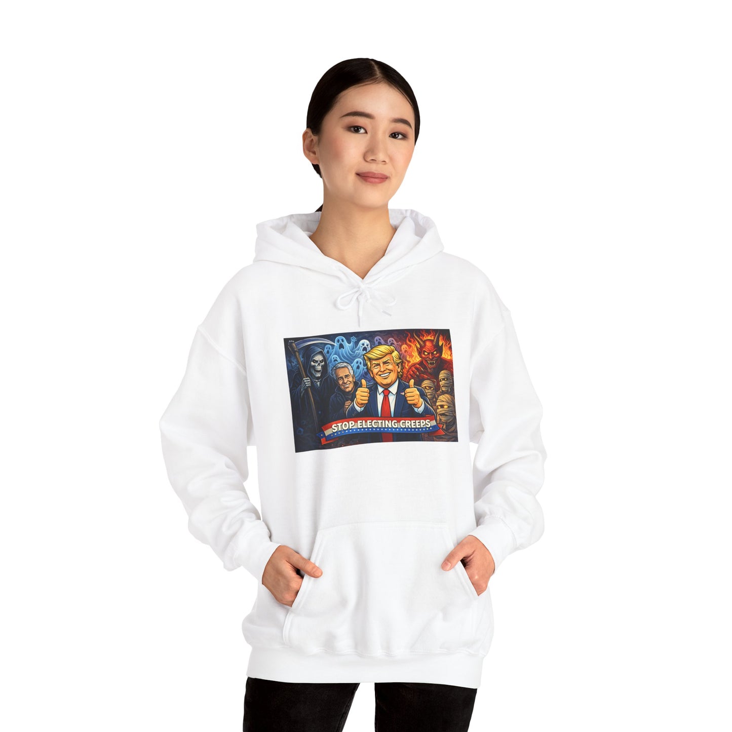 Political Caricature Hoodie — Bold Retro Satire Graphic Sweatshirt