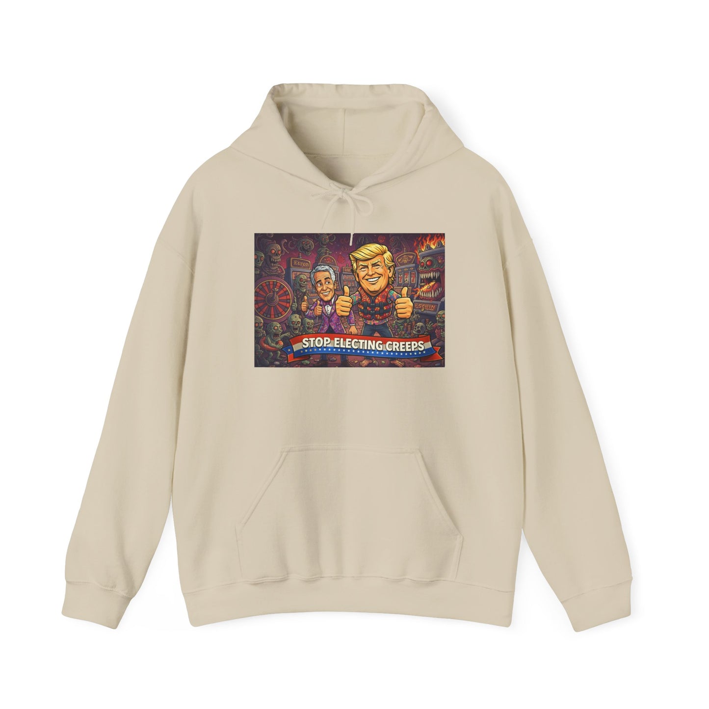 Political Satire Hoodie — "Stop Electing Creeps" Graphic Pullover