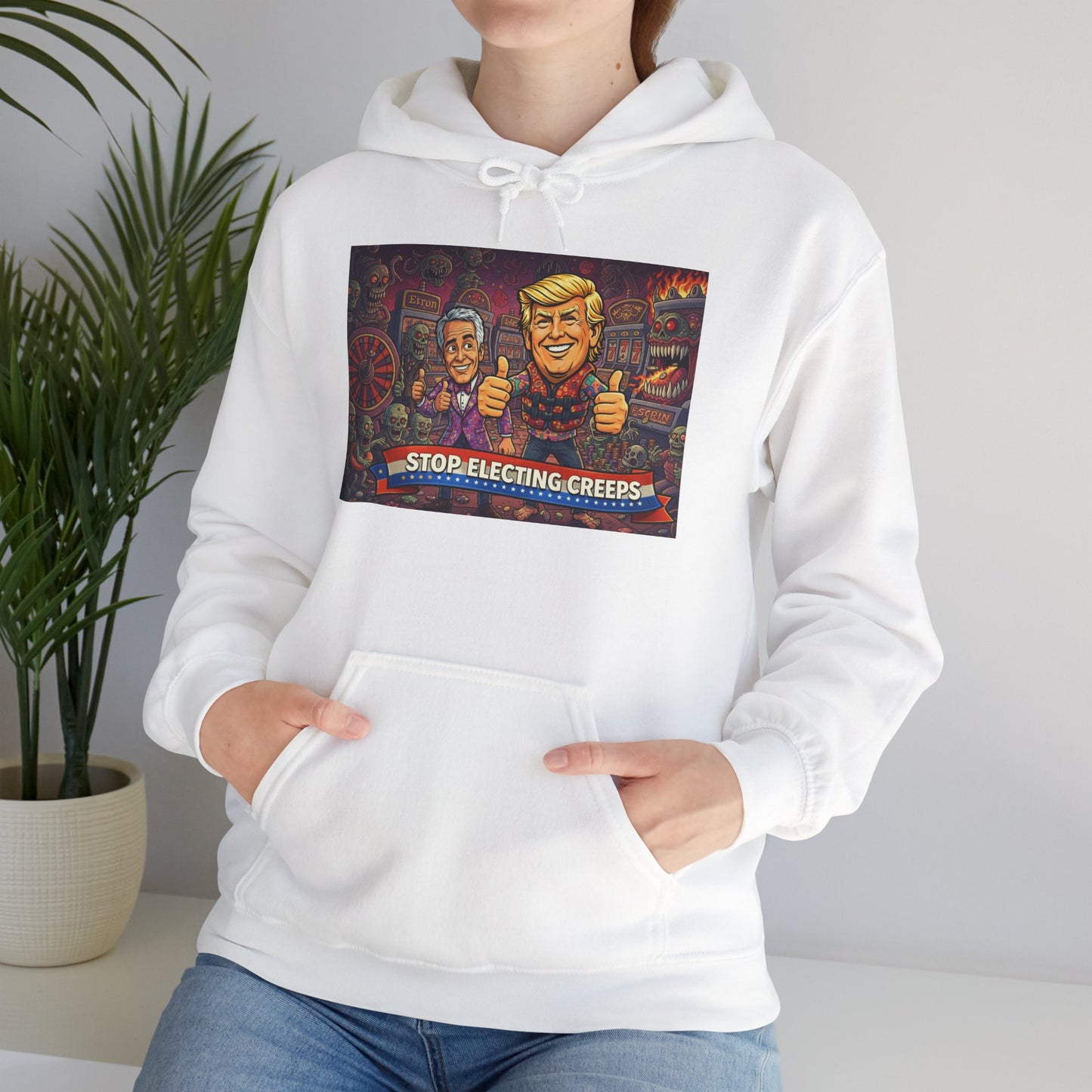 Political Satire Hoodie — "Stop Electing Creeps" Graphic Pullover
