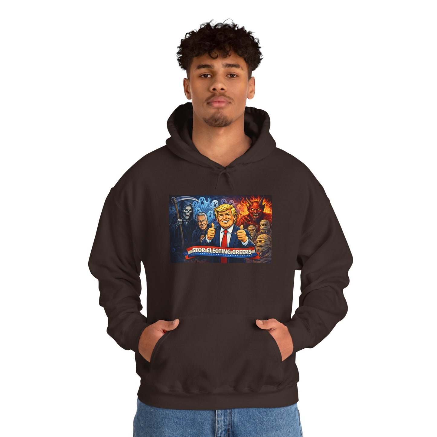 Political Caricature Hoodie — Bold Retro Satire Graphic Sweatshirt